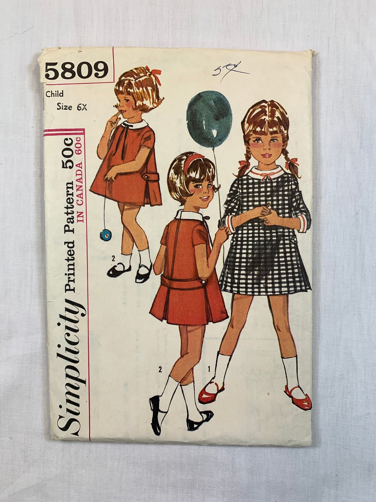 Simplicity 5809 Girls' Dress, Jumper, Size 6x, Cut, Vintage 1964