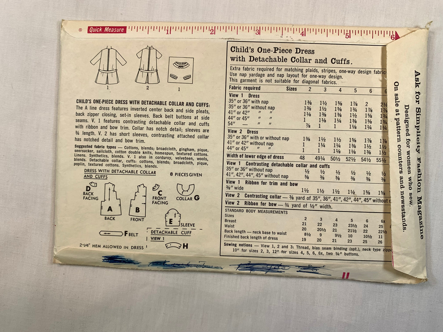 Simplicity 5809 Girls' Dress, Jumper, Size 6x, Cut, Vintage 1964