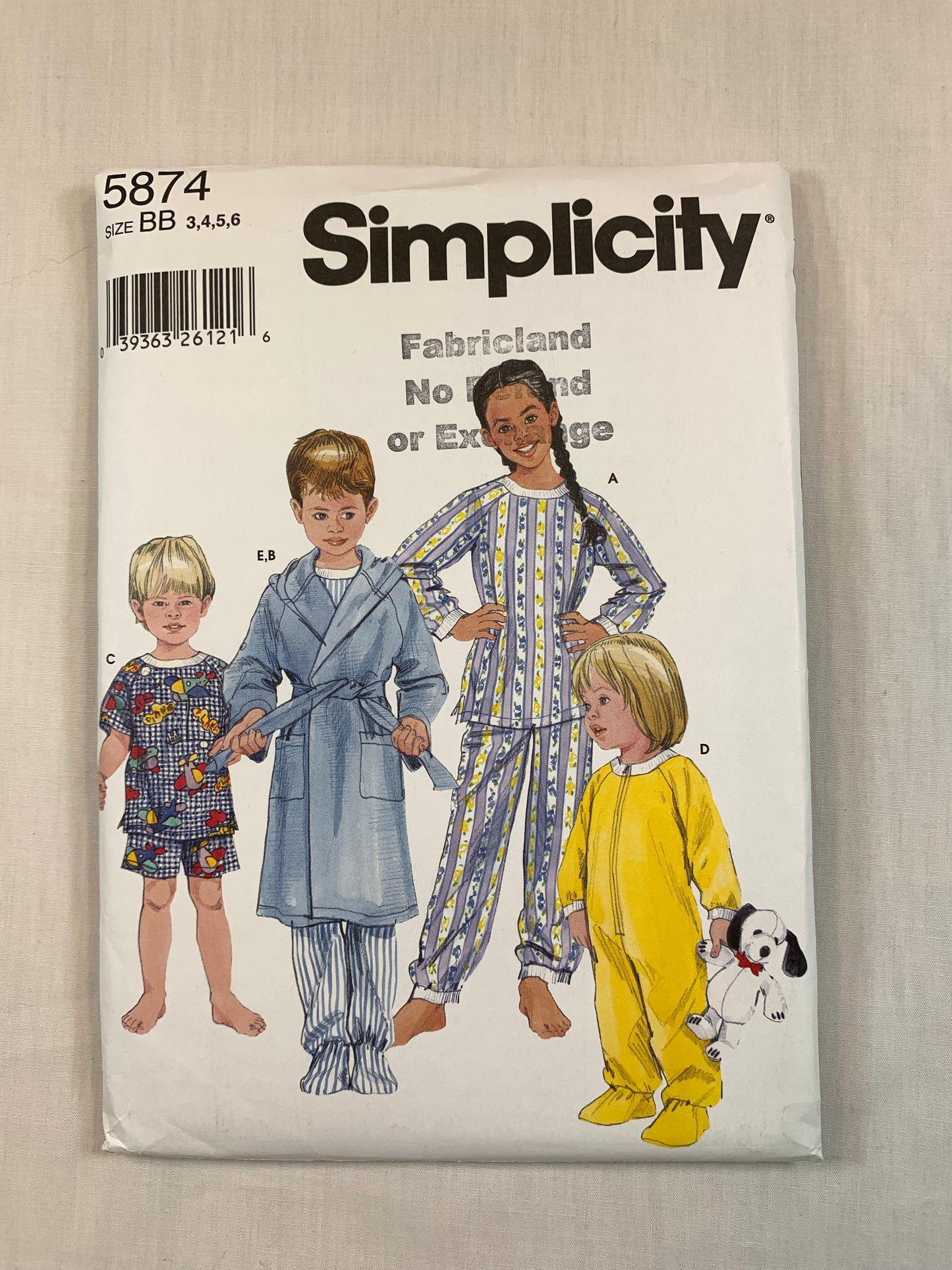 Simplicity 5874 Boys' Girls' Pajamas, Loungewear, Top, Pants, Robe, Sleepers, Size 3-6, Uncut, 2002
