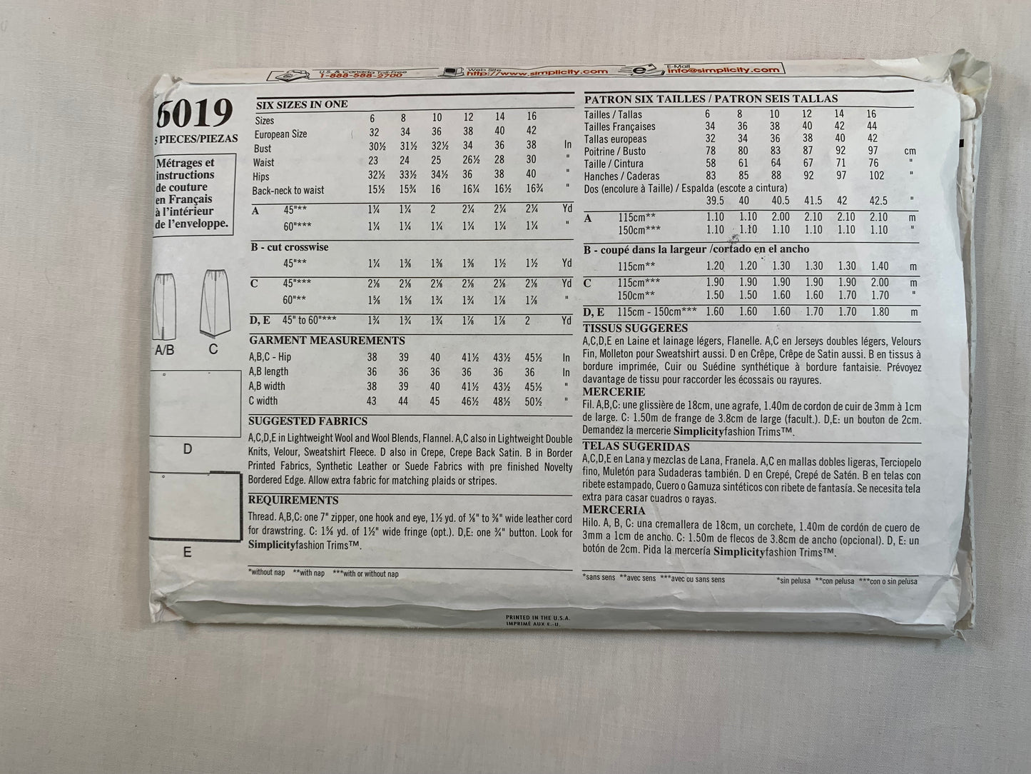 Simplicity New Look Sewing Pattern 6019 Misses' Skirts, Back Slit, Drawstring Waist, Straight, Size 6-12, Cut, Vintage 1999