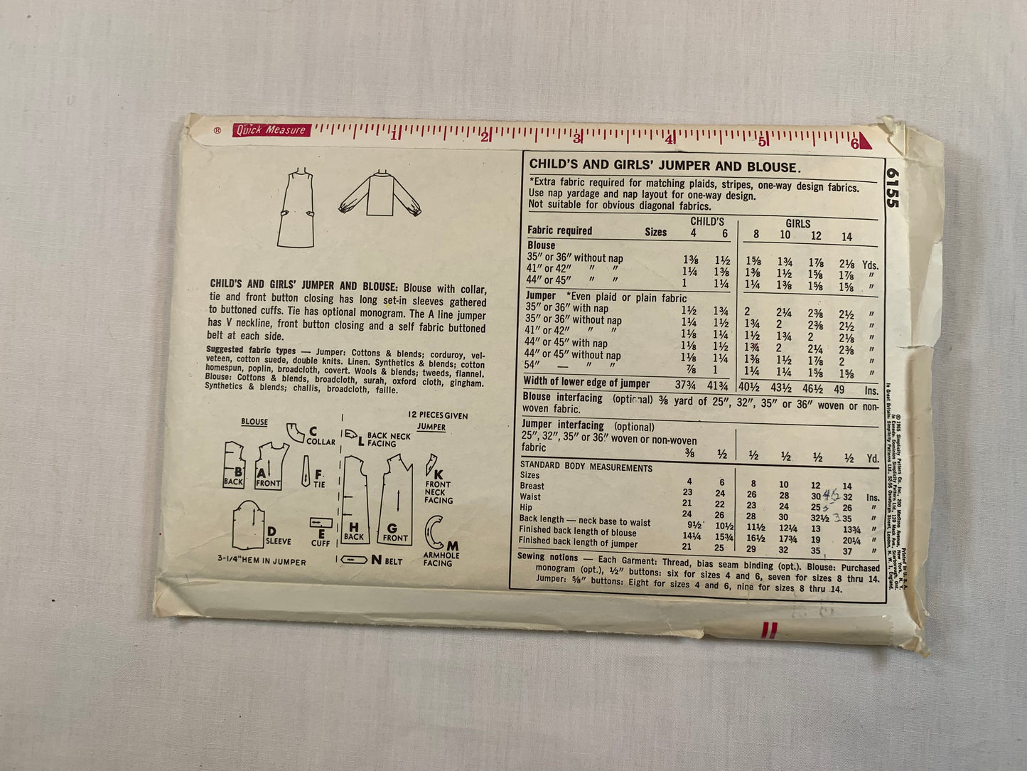 Simplicity 6155 Girls' Blouse, Jumper, Size 12, Cut, Vintage 1965