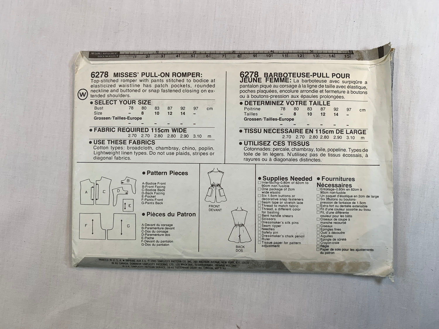 Simplicity 6278 Misses' Rompers, Size 12, Cut, Vintage 1983