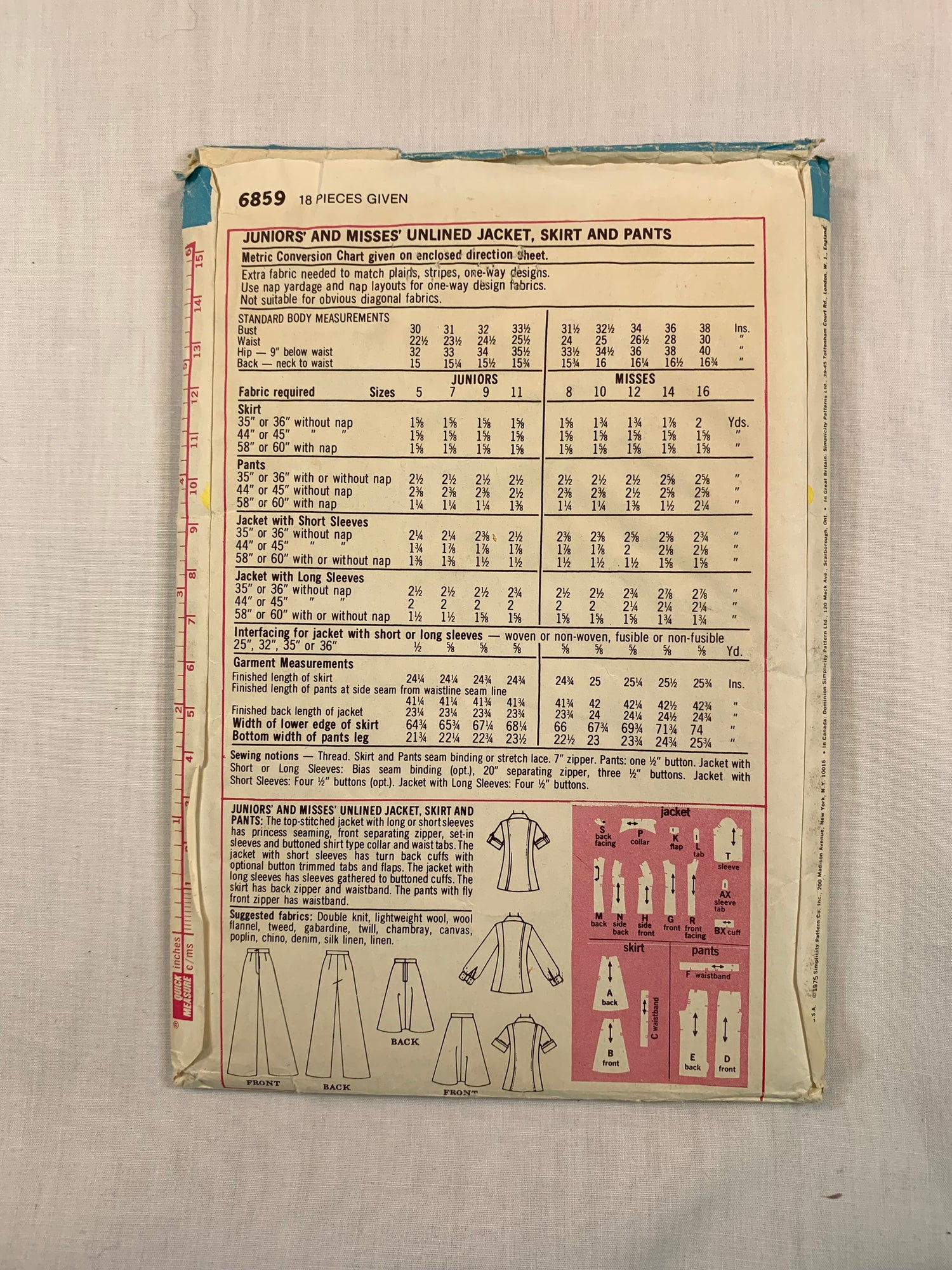 Simplicity 6859 Misses' Unlined Jacket, Skirt, Pants, Size 14, Cut, Vintage 1975