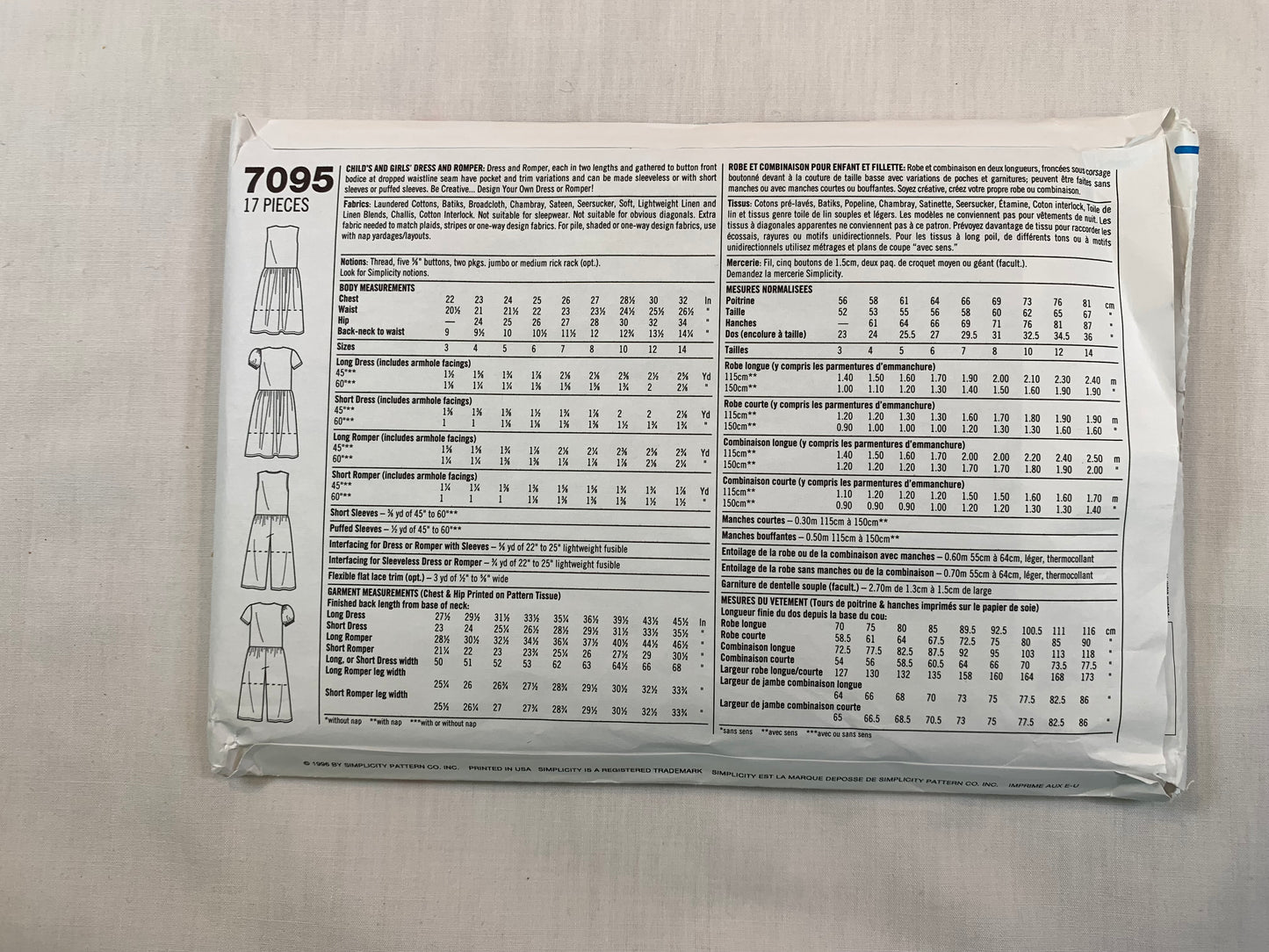Simplicity 7095 Girls' Dress, Romper, Size 7-12, Uncut, Vintage 1996