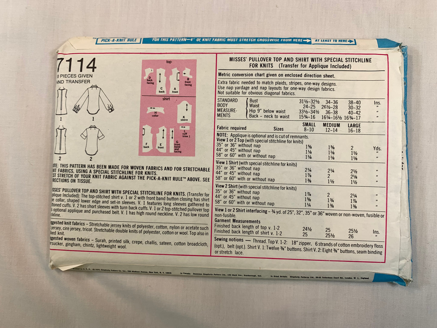 Simplicity 7114 Misses' Knit Tops, Size 12-14, Cut, Vintage 1975
