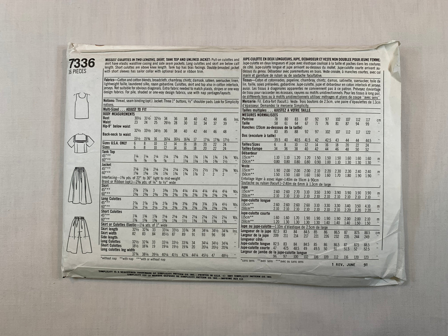 Simplicity 7336 Misses' Culottes, Skirt, Tank Top, Unlined Jacket. Size 6, Cut, Vintage 1991