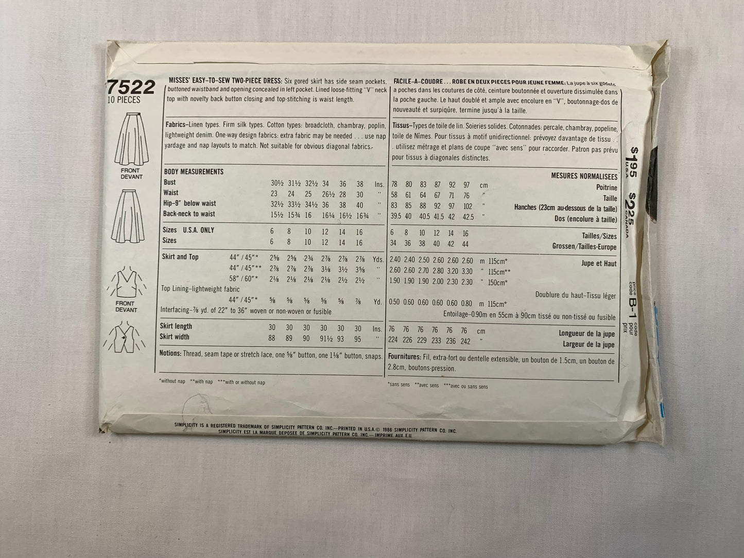 Simplicity Super Saver 7522 Skirt, Top, Size 12-16, Uncut, Vintage 1986