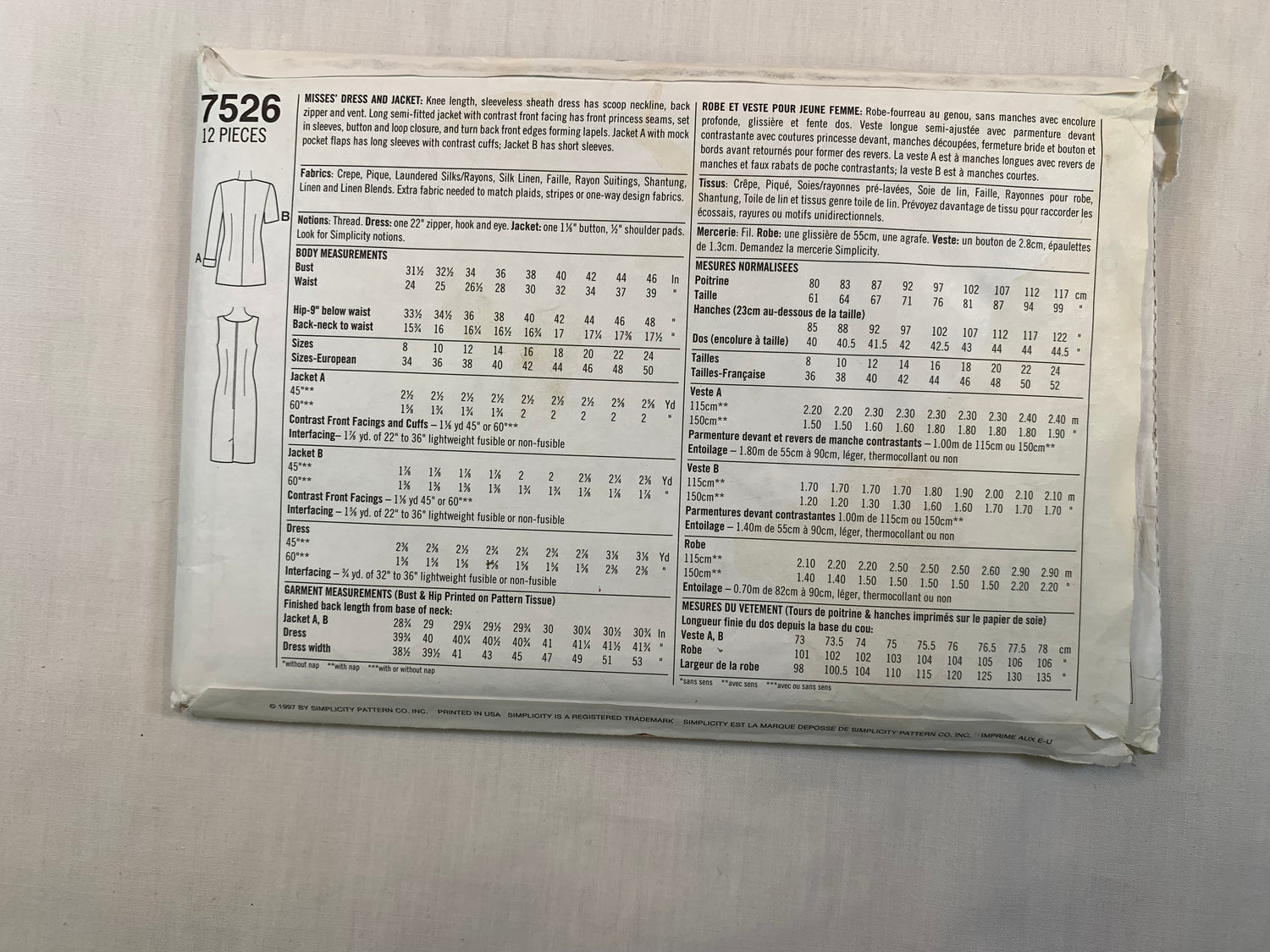 Simplicity 7526 Misses' Dress, Jacket, Size 12, Cut, Vintage 1997