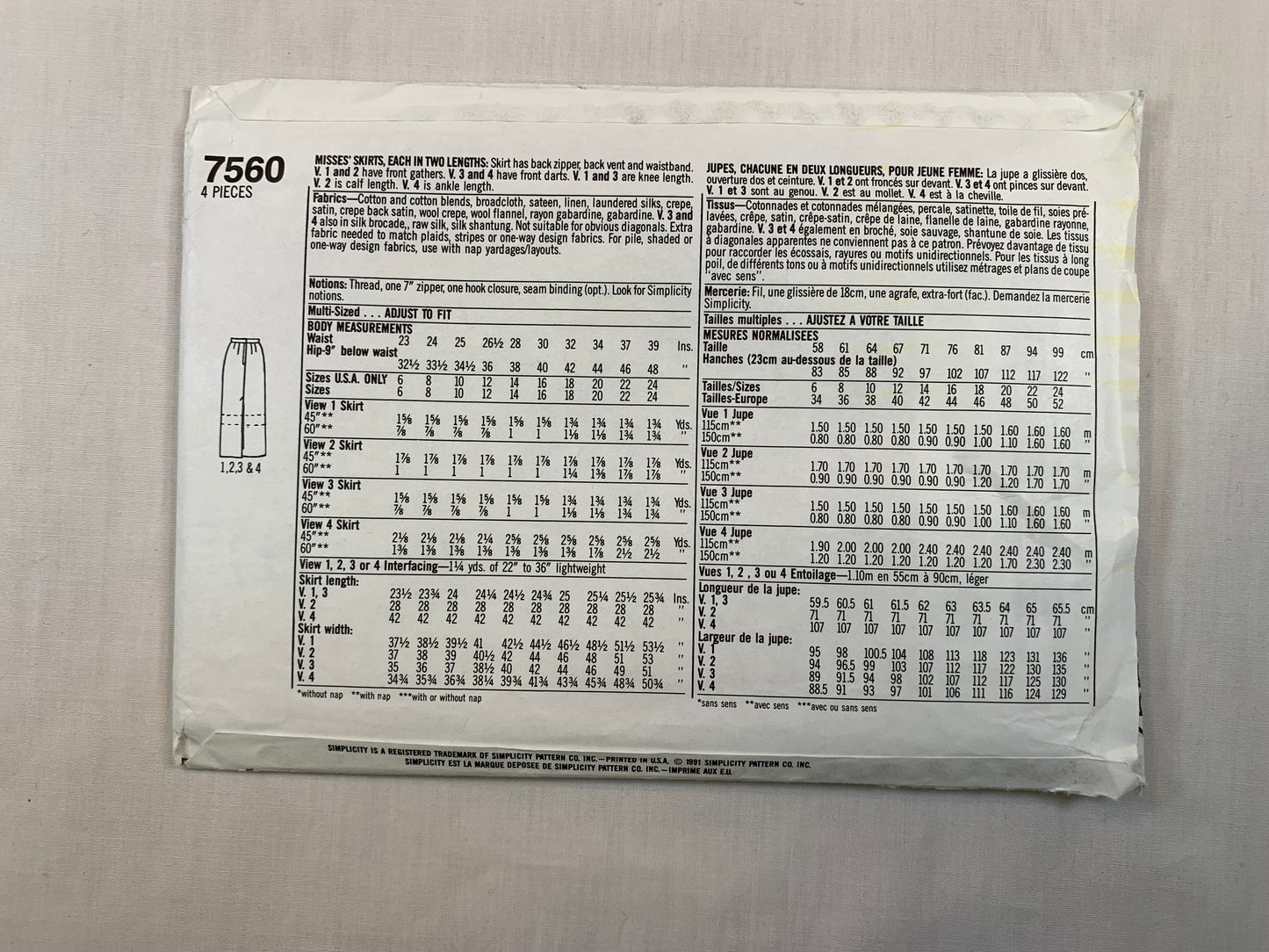 Simplicity 7560 Misses' Skirts, Size 6-12, Cut, Vintage 1991