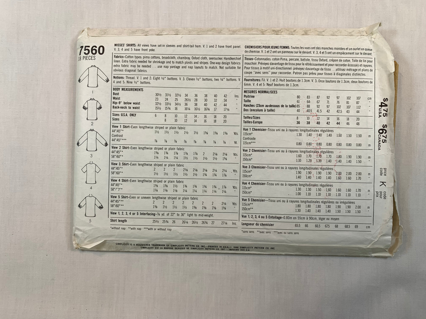 Simplicity 7560 Misses' Blouses, Size 8-12, Cut, Vintage 1986