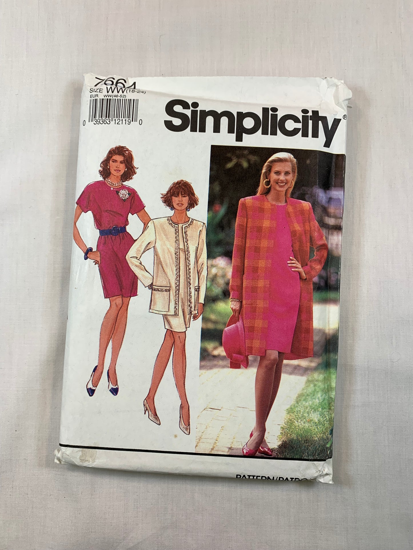 Simplicity 7664 Misses' Dress, Unlined Coat, Size 18W-24W, Uncut, Vintage 1991