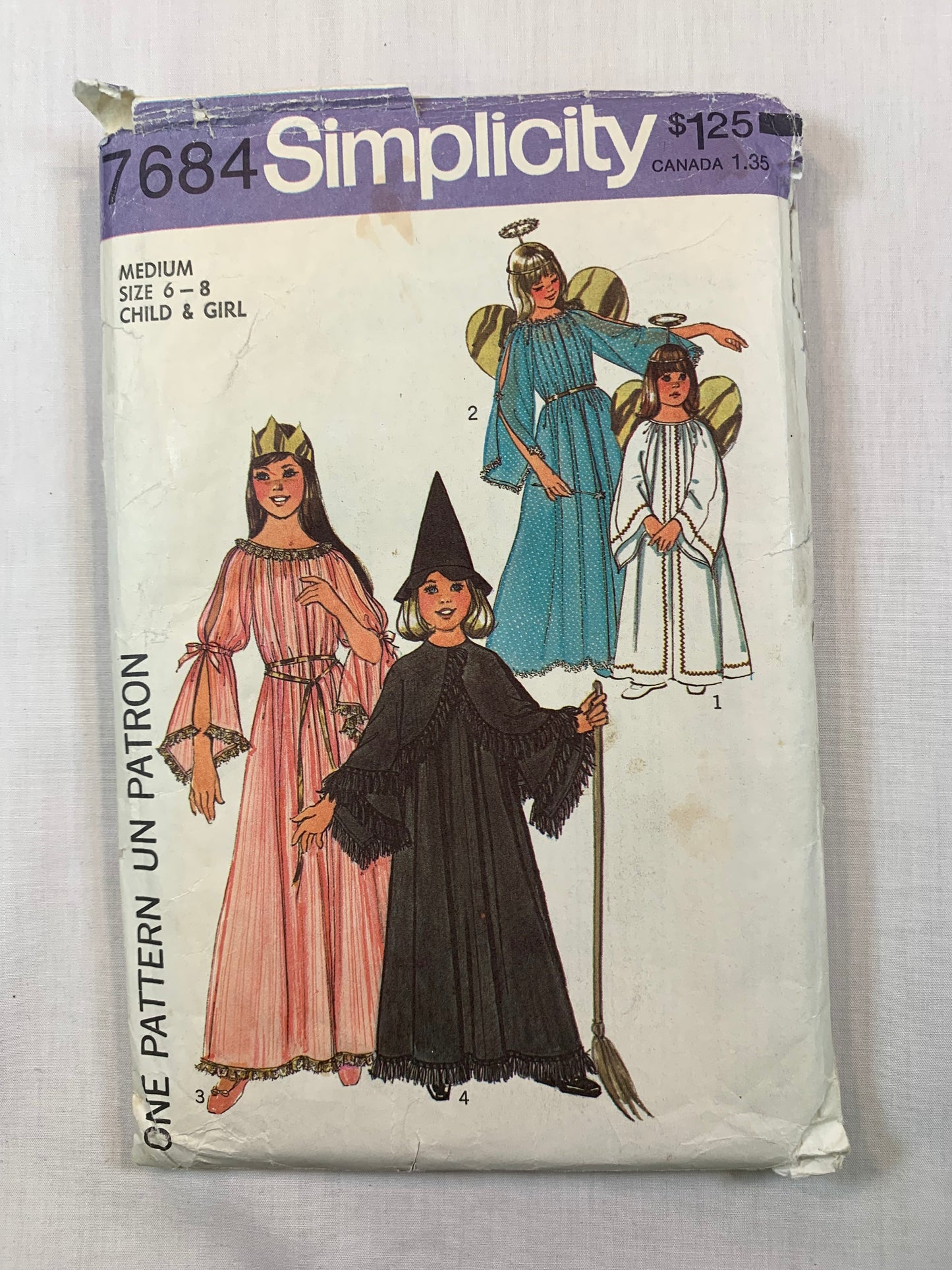 Simplicity 7684 Girls' Costumes, Angel, Fairy, Witch, Princess, Size 6-8, Cut, Vintage 1976