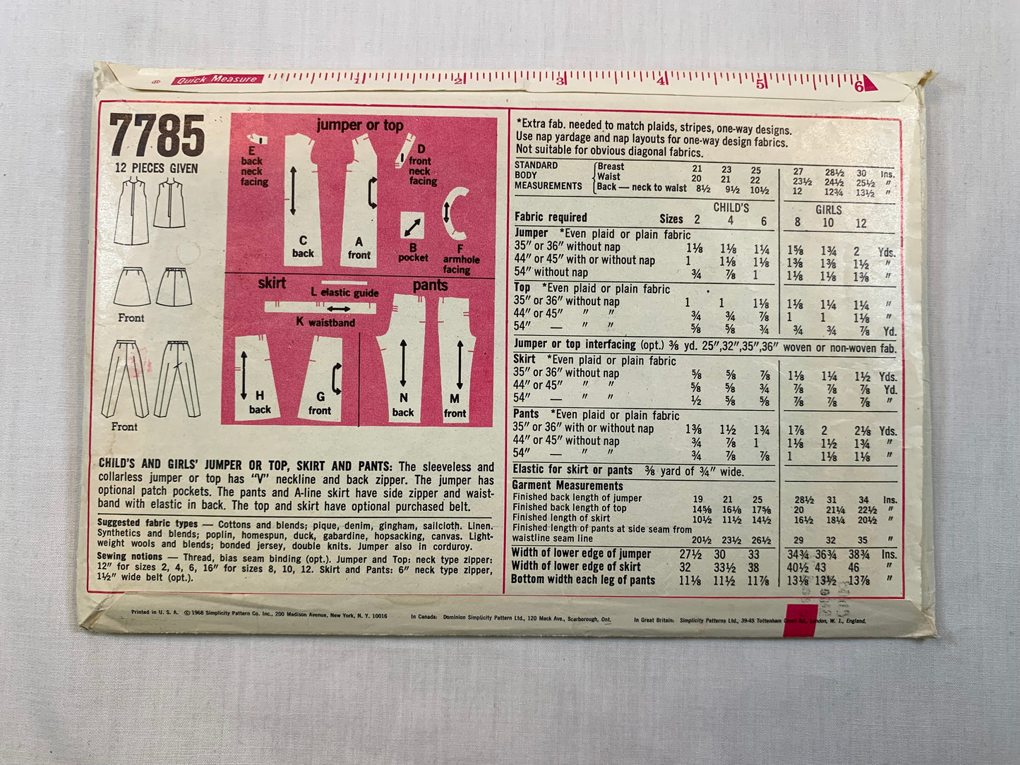 Simplicity 7785 Girls' Jumper, Top, Skirt, Pants, Size 6, Cut, Vintage 1968