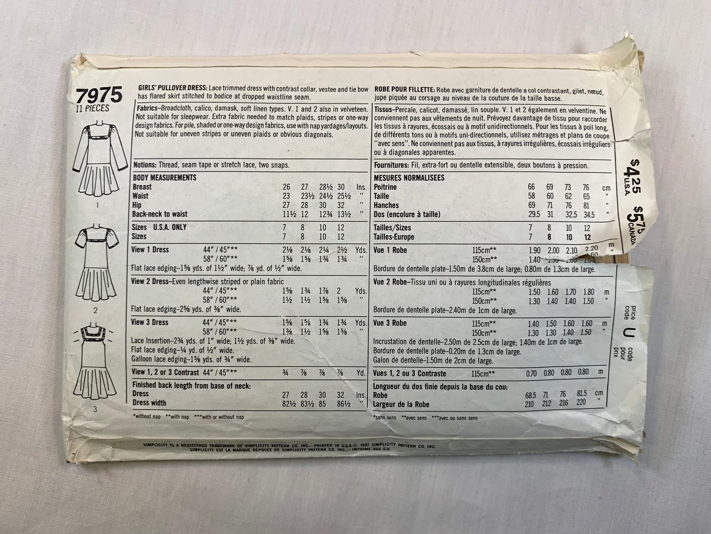 Simplicity 7975 Girls' Dress, Size 8, Cut, Vintage 1987