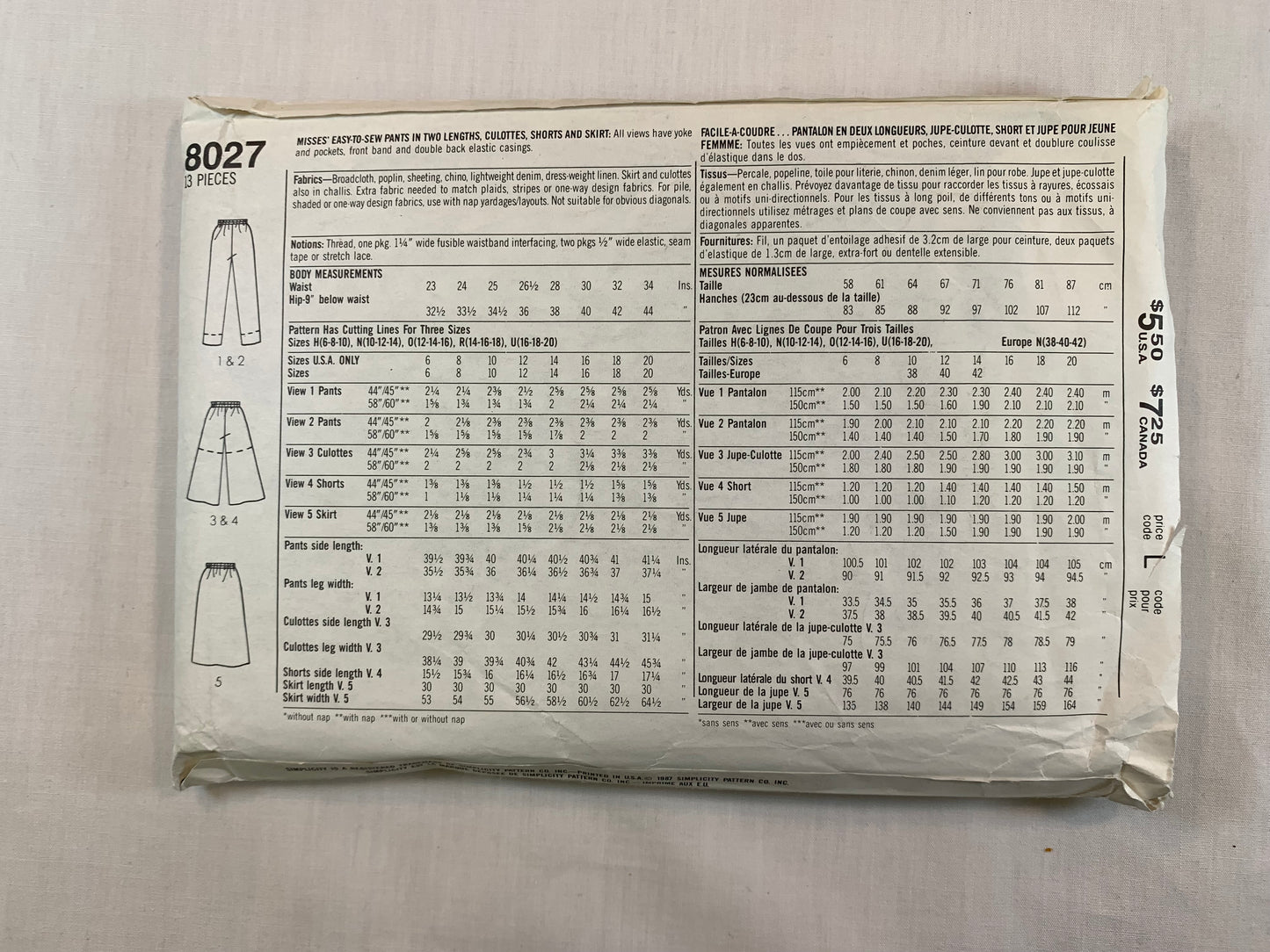 Simplicity 8027 Misses' Culottes, Skirt, Pants, Shorts. Size 10-12, Cut, Vintage 1987