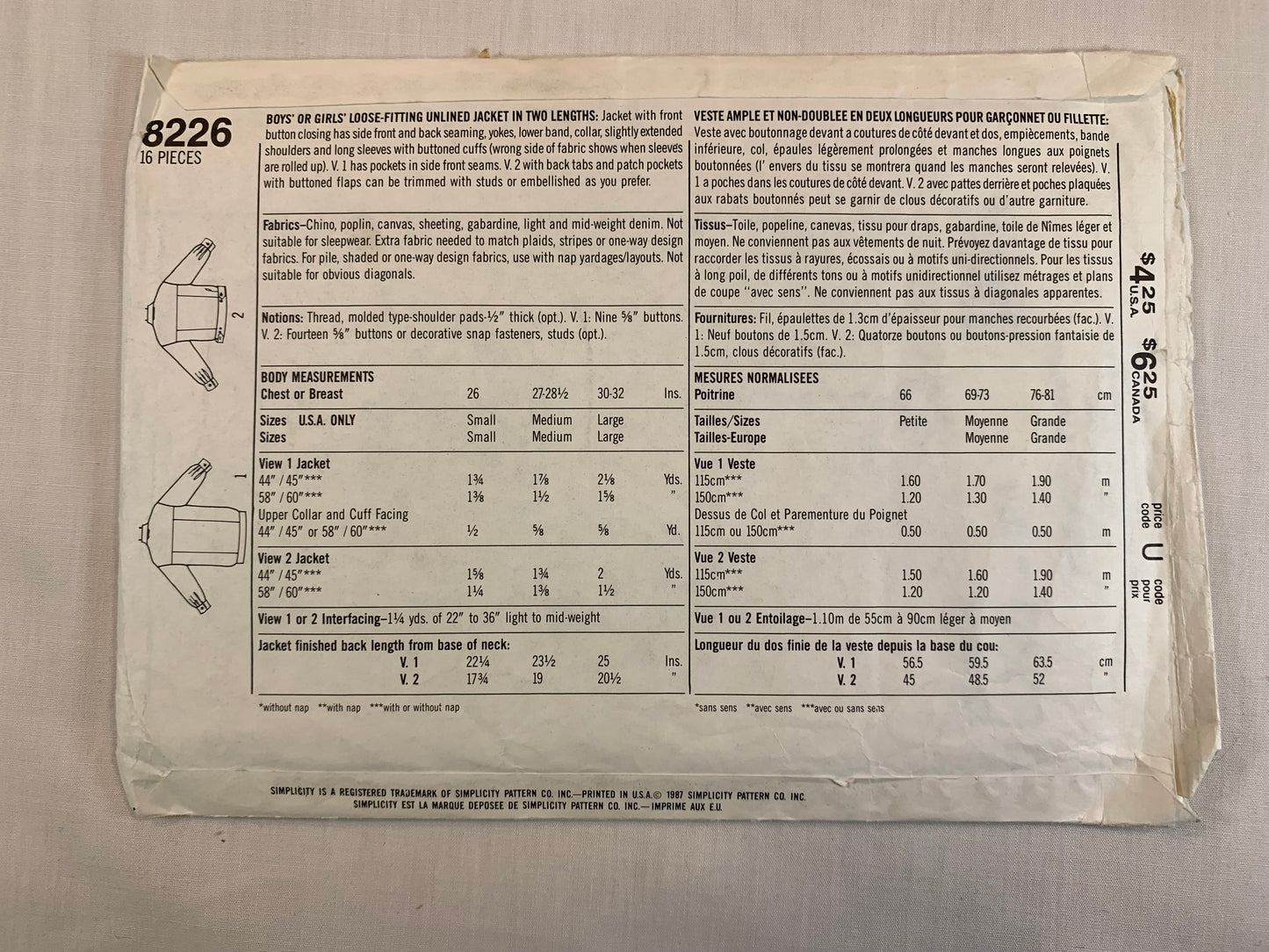 Simplicity 8226 Child's, Boys', Girls' Unlined Jacket, Size 26 Chest,, Cut, Vintage 1987