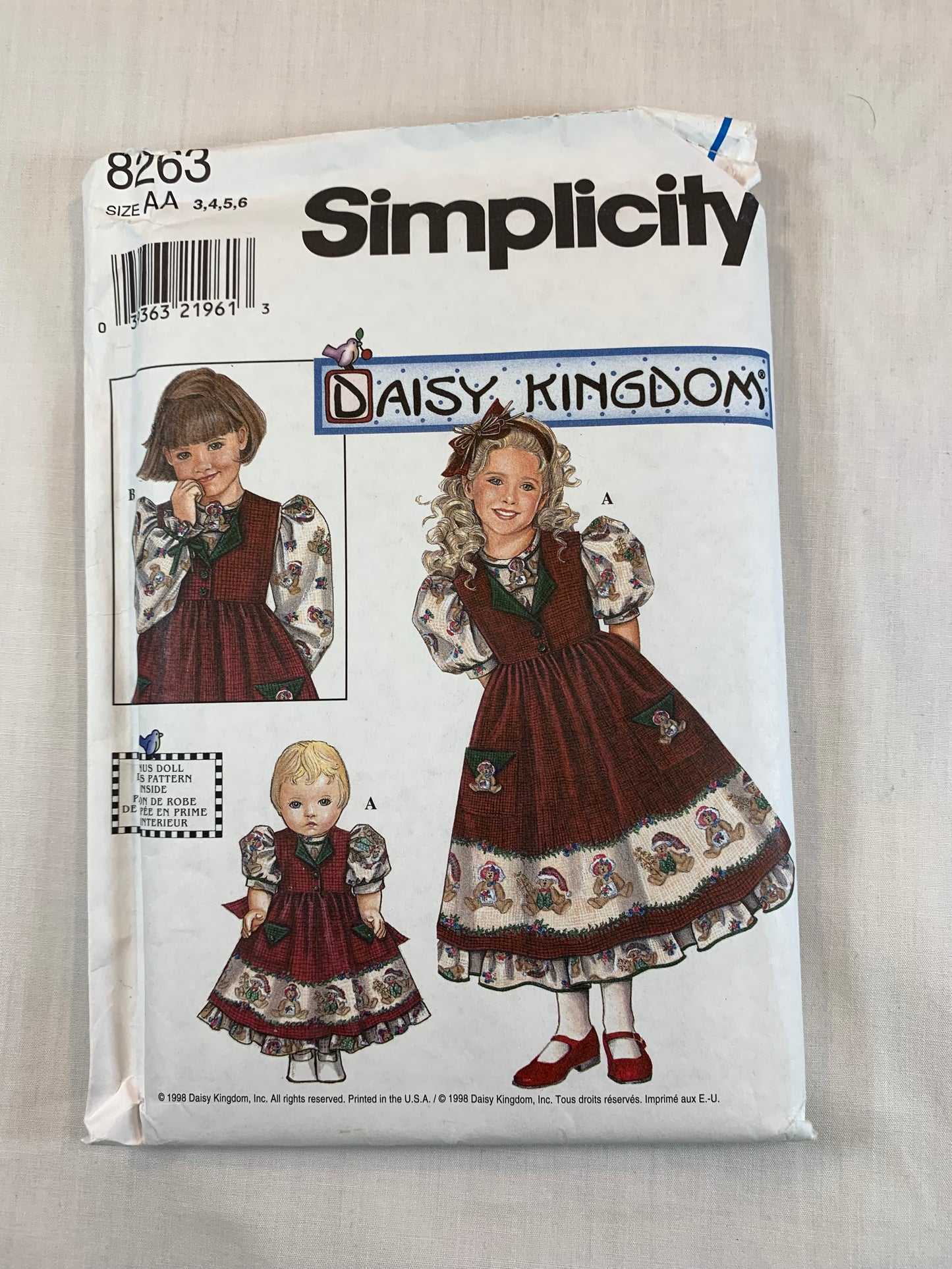 Simplicity 8263 Daisy Kingdom, Girls' Dress, 18 " Doll Dress, Size 3-6, Uncut, Vintage 1998