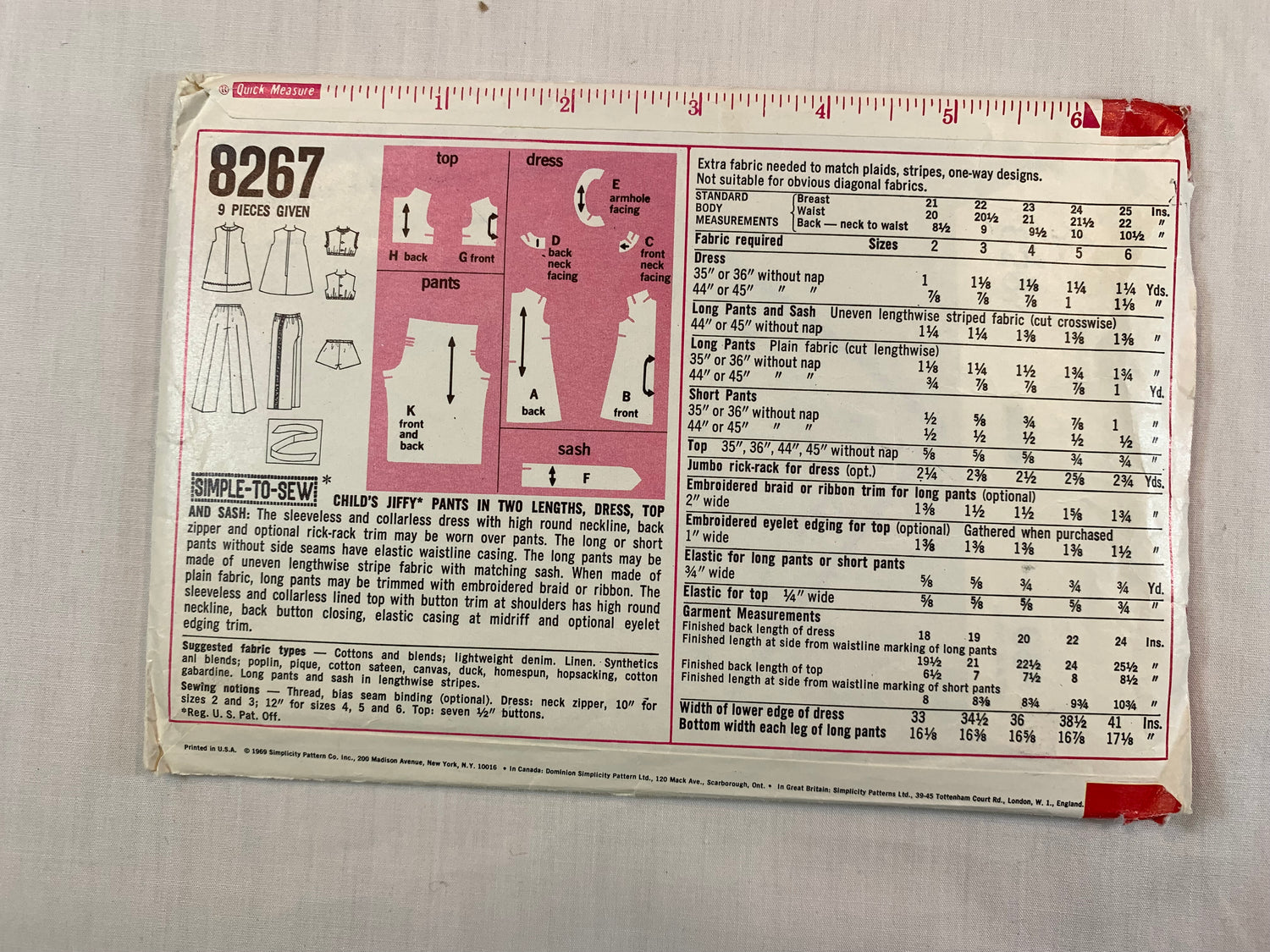 Simplicity Jiffy Sewing Pattern 8267 Girls' Dress, Top, Pants, Sash, Sleeveless, Elastic Waist, Two Lengths, Size 5, Cut, Vintage 1969