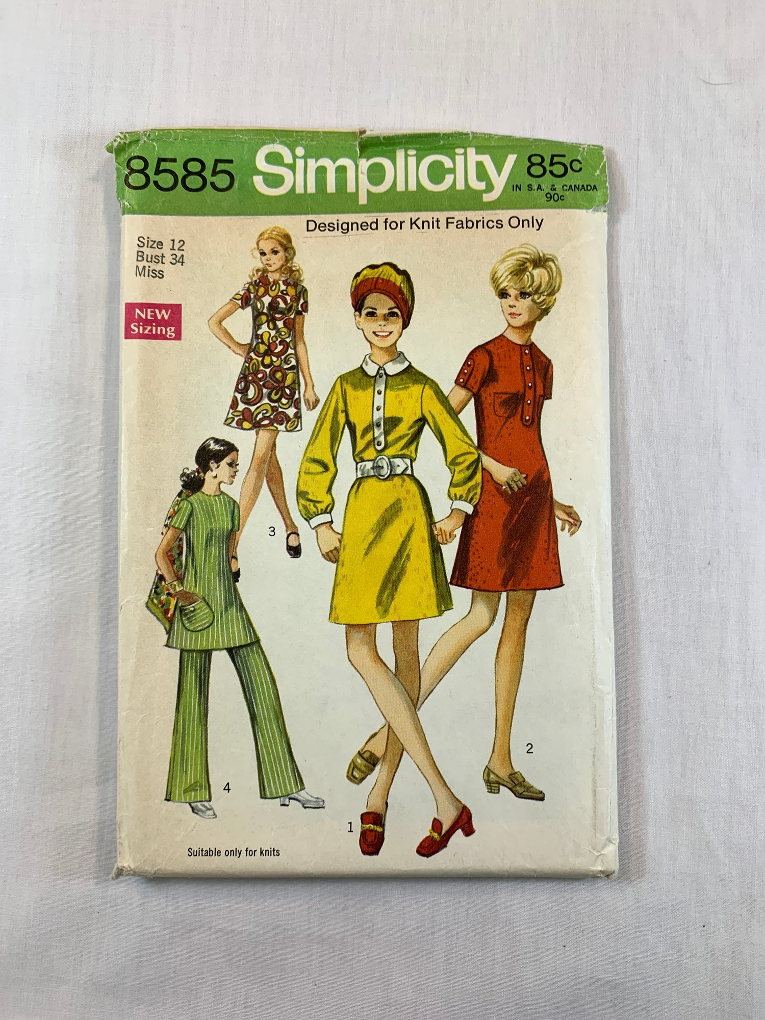 Simplicity 8585 Misses' Dress, Tunic, Pants, Size 12, Cut, Vintage 1969