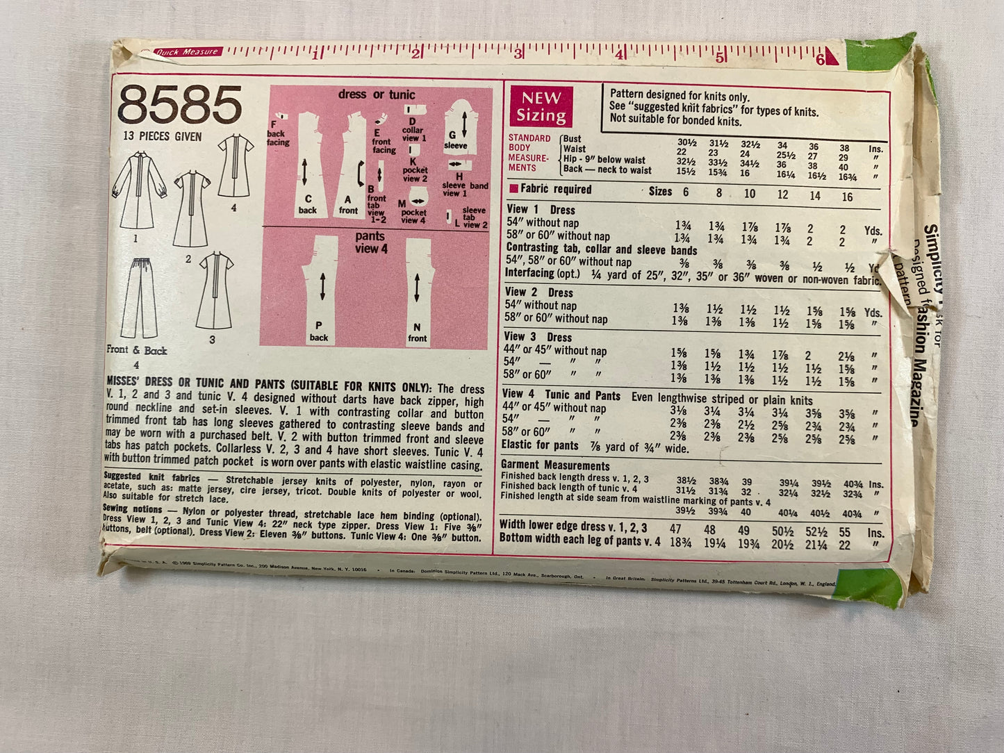 Simplicity 8585 Misses' Dress, Tunic, Pants, Size 12, Cut, Vintage 1969