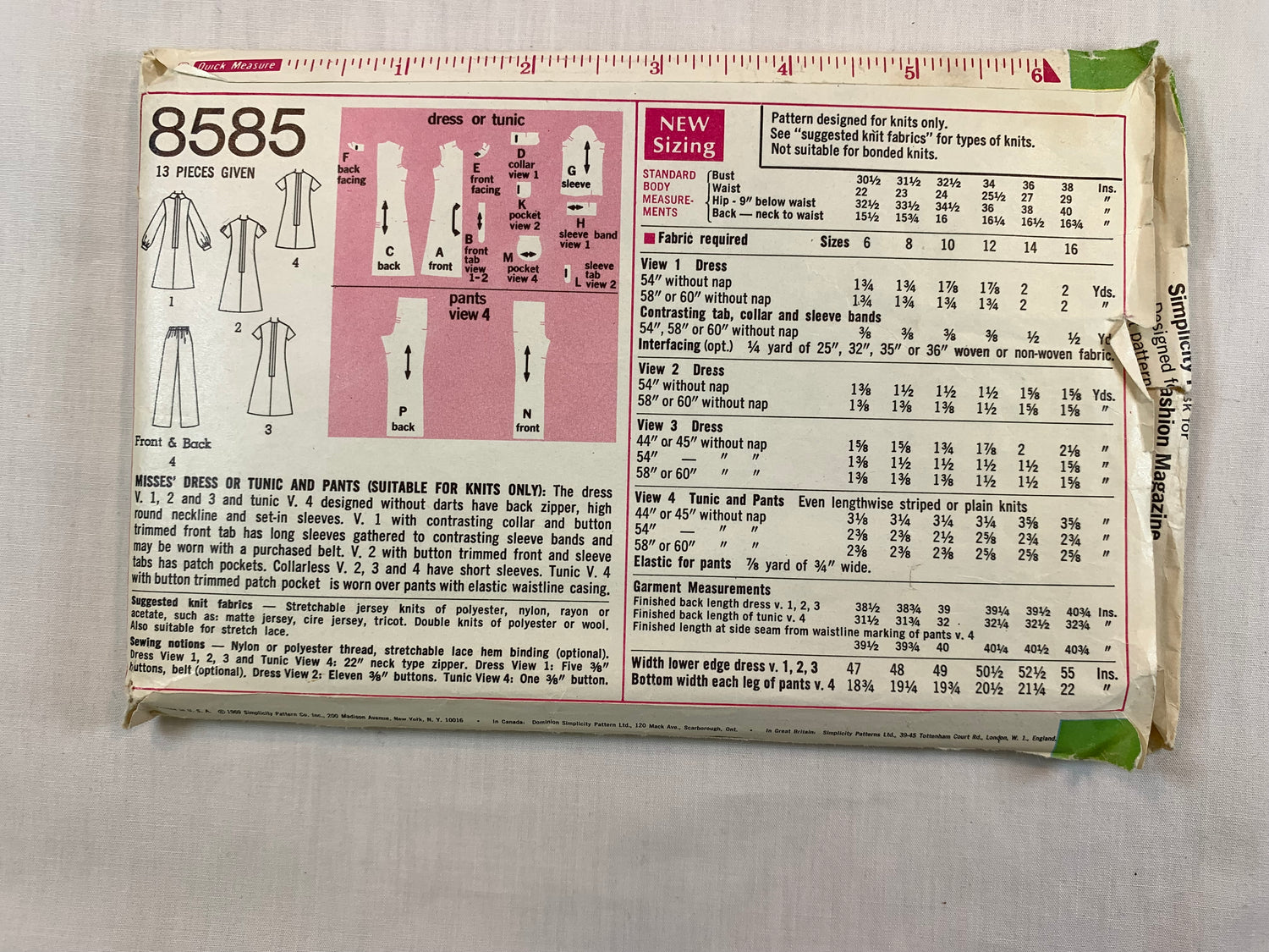 Simplicity 8585 Misses' Dress, Tunic, Pants, Size 12, Cut, Vintage 1969