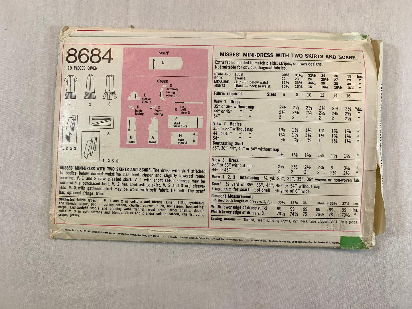 Simplicity 8684 Misses' Mini-Dress, Scarf, Size 12, Cut, Vintage 1970