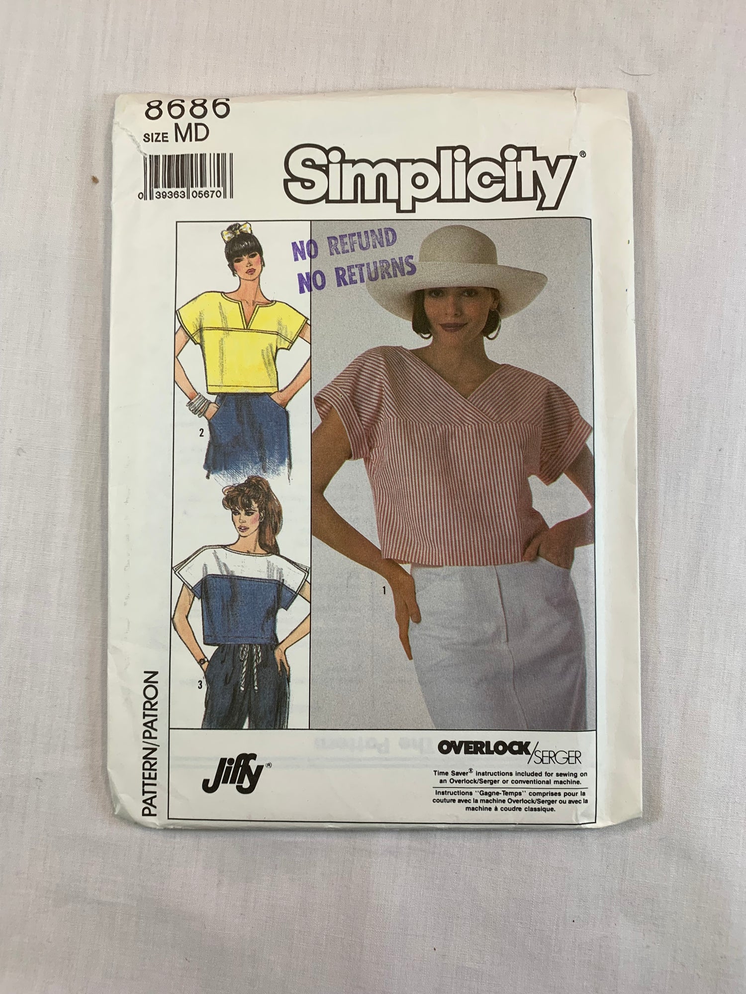 Simplicity 8686 Misses' Pullover Tops, Size 14-16, Uncut, Vintage 1988