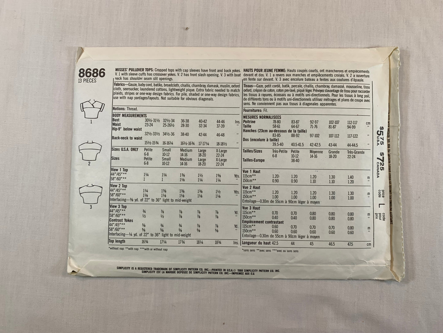 Simplicity 8686 Misses' Pullover Tops, Size 14-16, Uncut, Vintage 1988