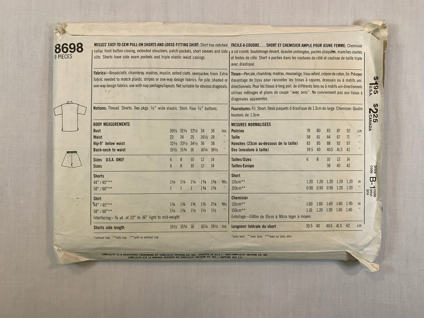 Simplicity 8698 Super Saver Misses' Shirt, Shorts, Size 10-14, Cut, Vintage 1988
