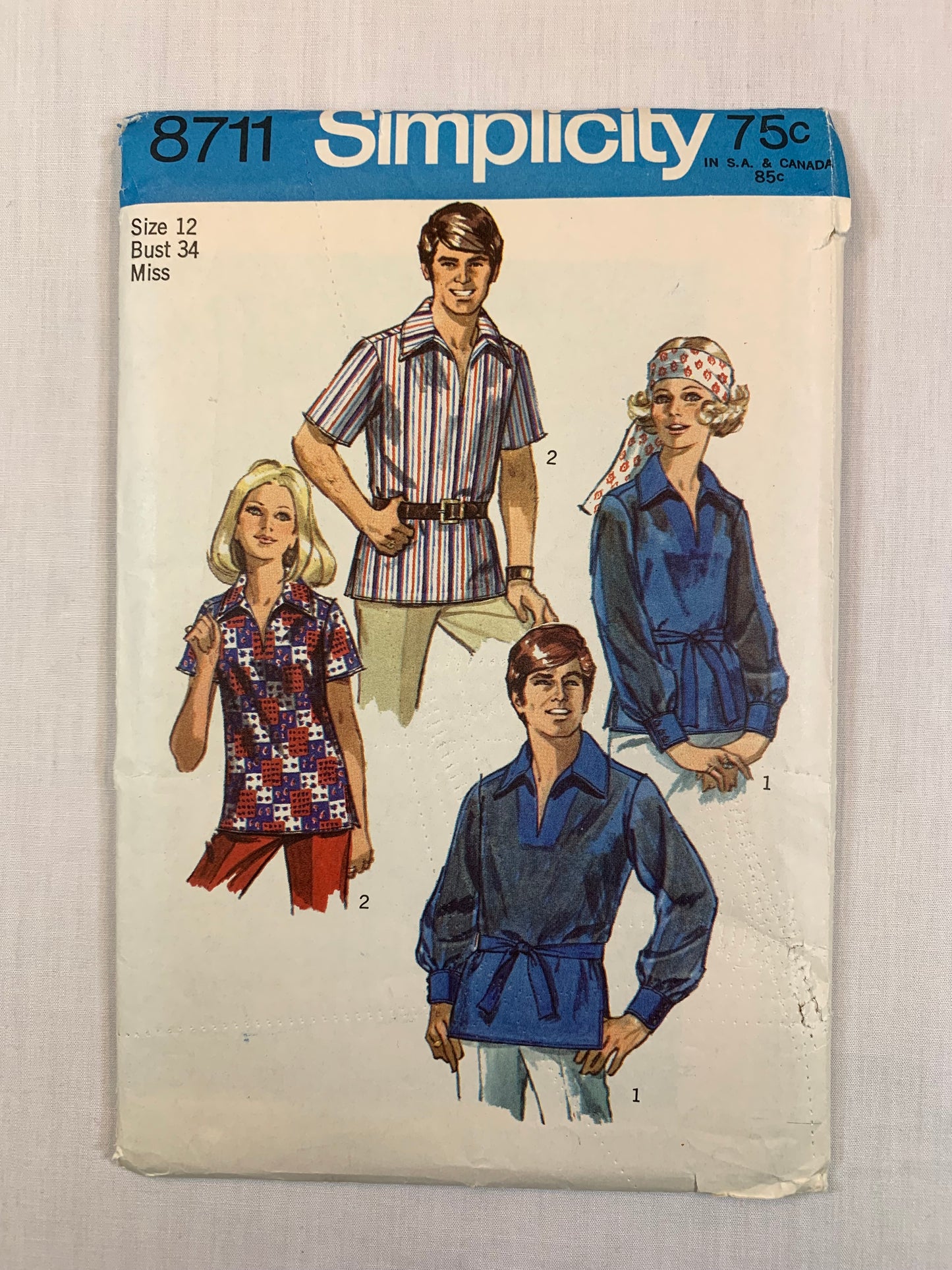 Simplicity Sewing Pattern 8711 Misses'/Men's Shirt, 2 Variations, Pullover, Collar, Tie Belt, Size 12, Cut, Vintage 1970