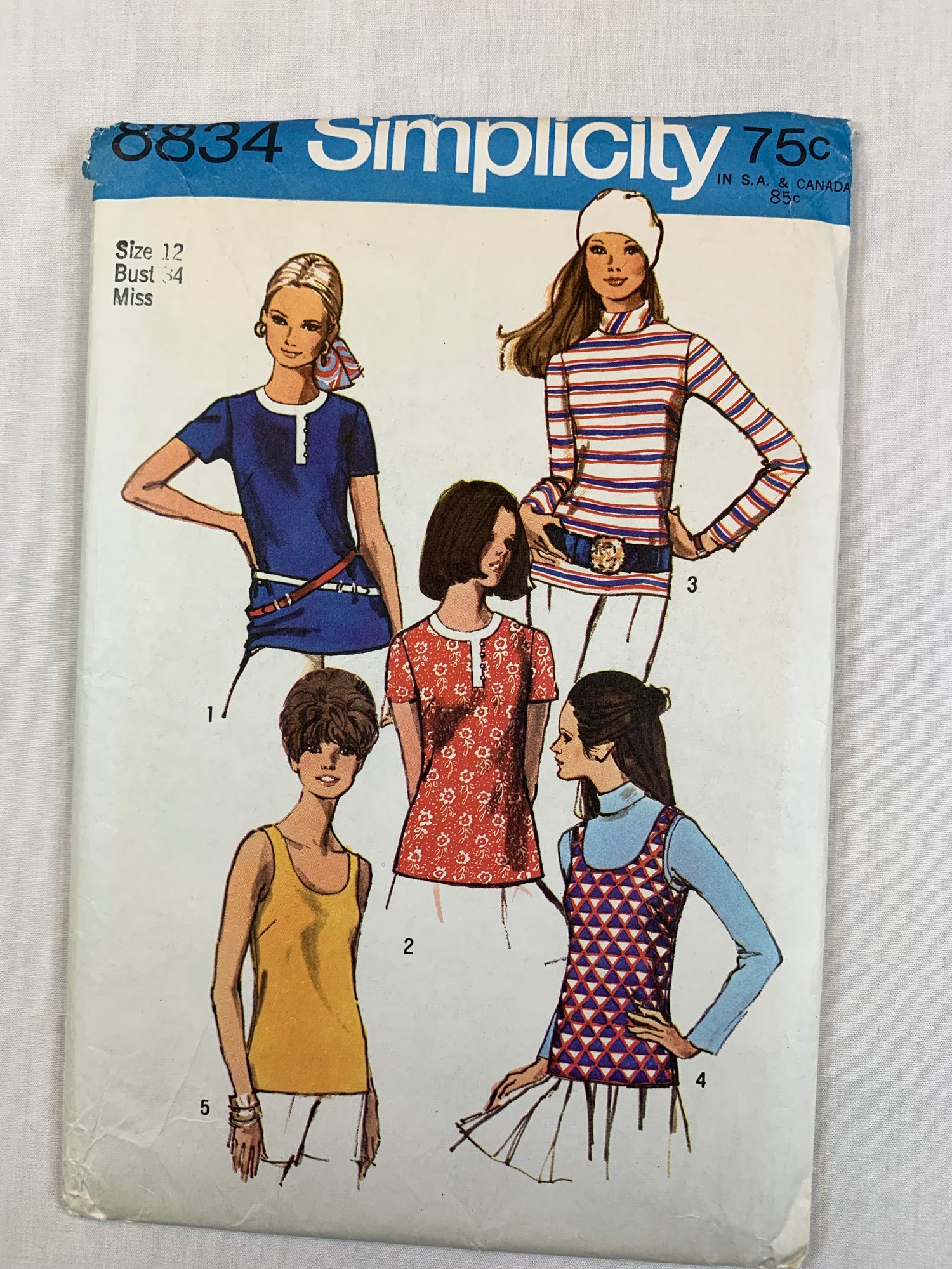Simplicity 8834 Misses' Blouses, Tank Top, Size 12, Uncut, Vintage 1970
