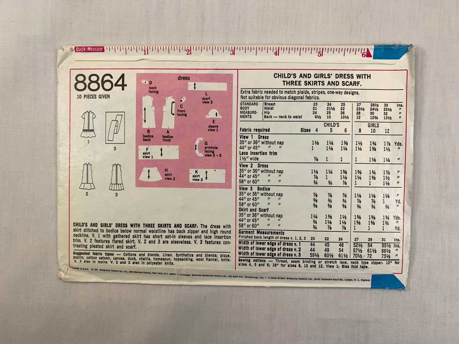 Simplicity 8864 Girls' Dresses, Size 5, Cut, Vintage 1970