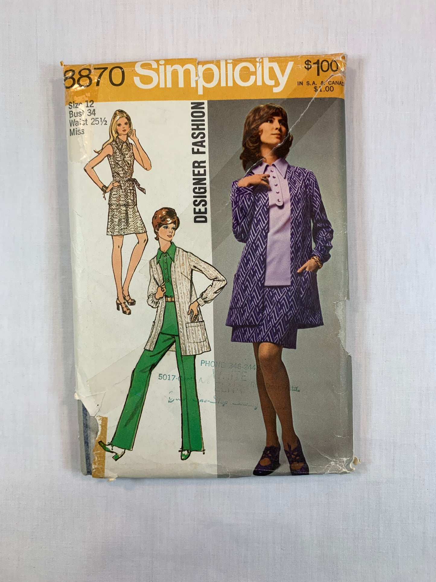 Simplicity 8870 Misses' Over Blouse, Mini-Skirt, Pants, Unlined Jacket, Size 12, Uncut, Vintage 1972
