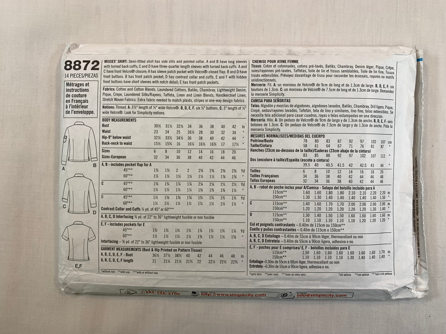 Simplicity Sewing Pattern 8872 Misses' Shirt, Long/Short Sleeves, Button Front, Collar, Semi-Fitted, Size 6-12, Uncut, Vintage 1999