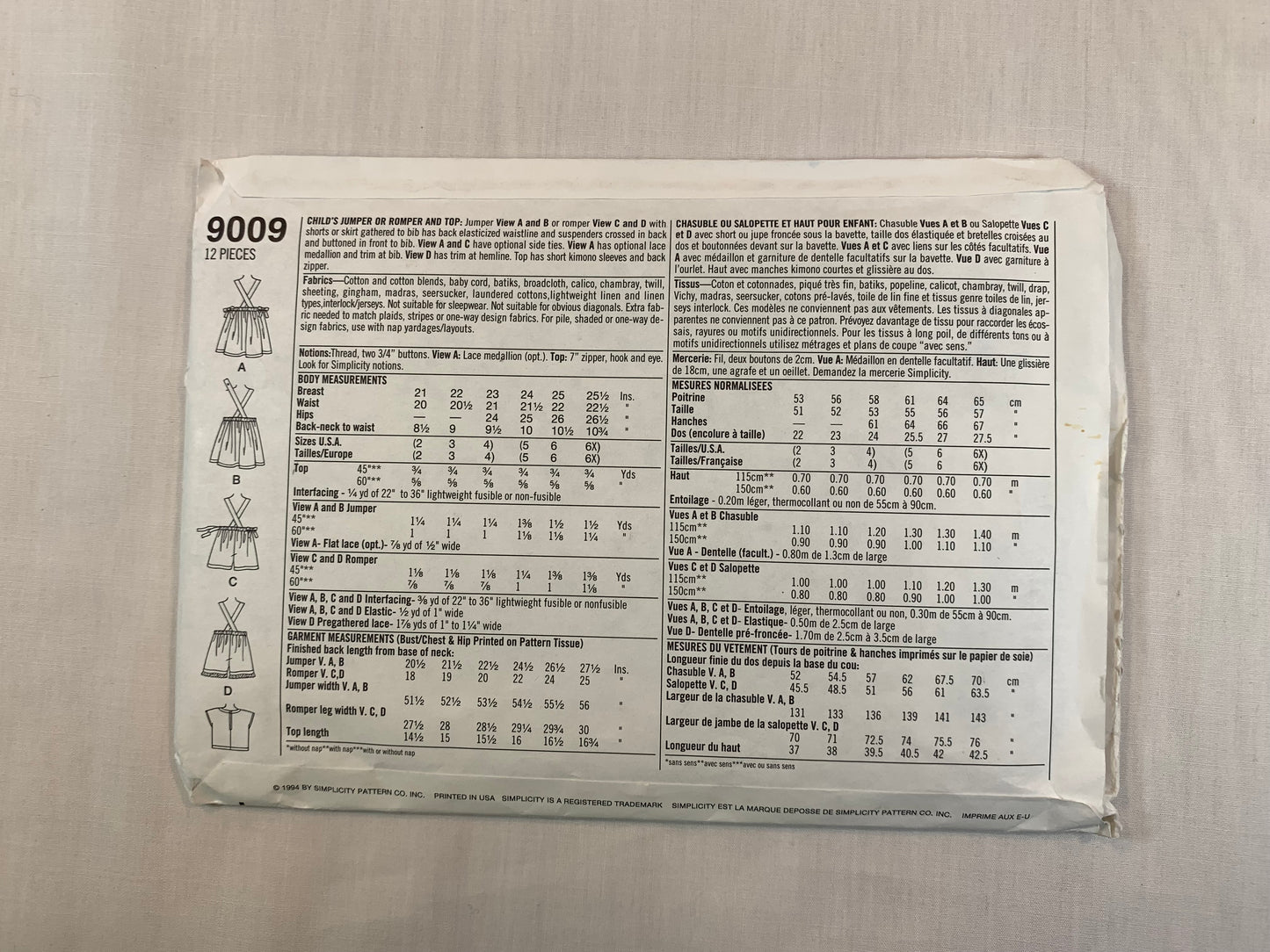 Simplicity 9009 Girls' Dress, Jumper, Romper, Top, Size 5-6X, Uncut, Vintage 1994