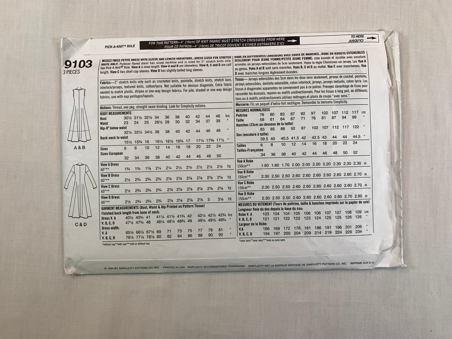 Simplicity 9103 Misses'Miss Petite Dress, Size 10-16, Uncut, Vintage 1994