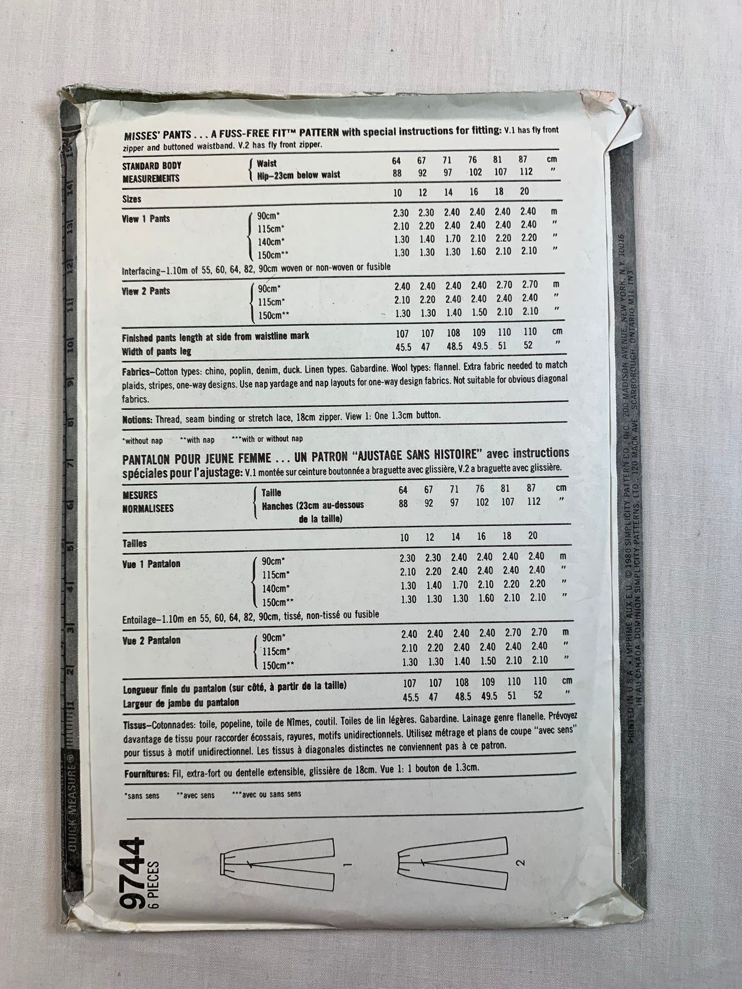 Simplicity 9744 Misses' Pants, Size 12, Uncut, Vintage 1980