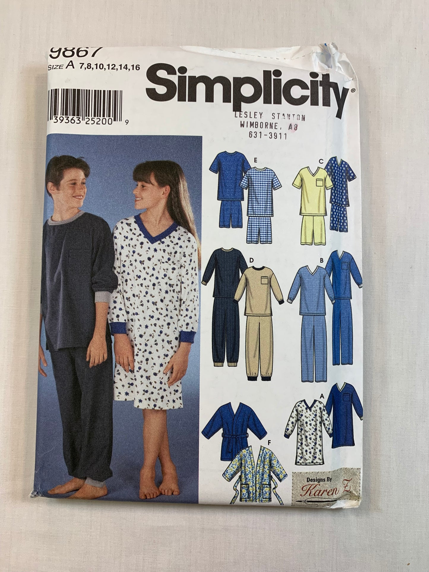 Simplicity 9867 Boys' Girls' Nightshirt, Pajamas, Loungewear, Top, Pants, Robe, Size 7-16, Uncut, 2001