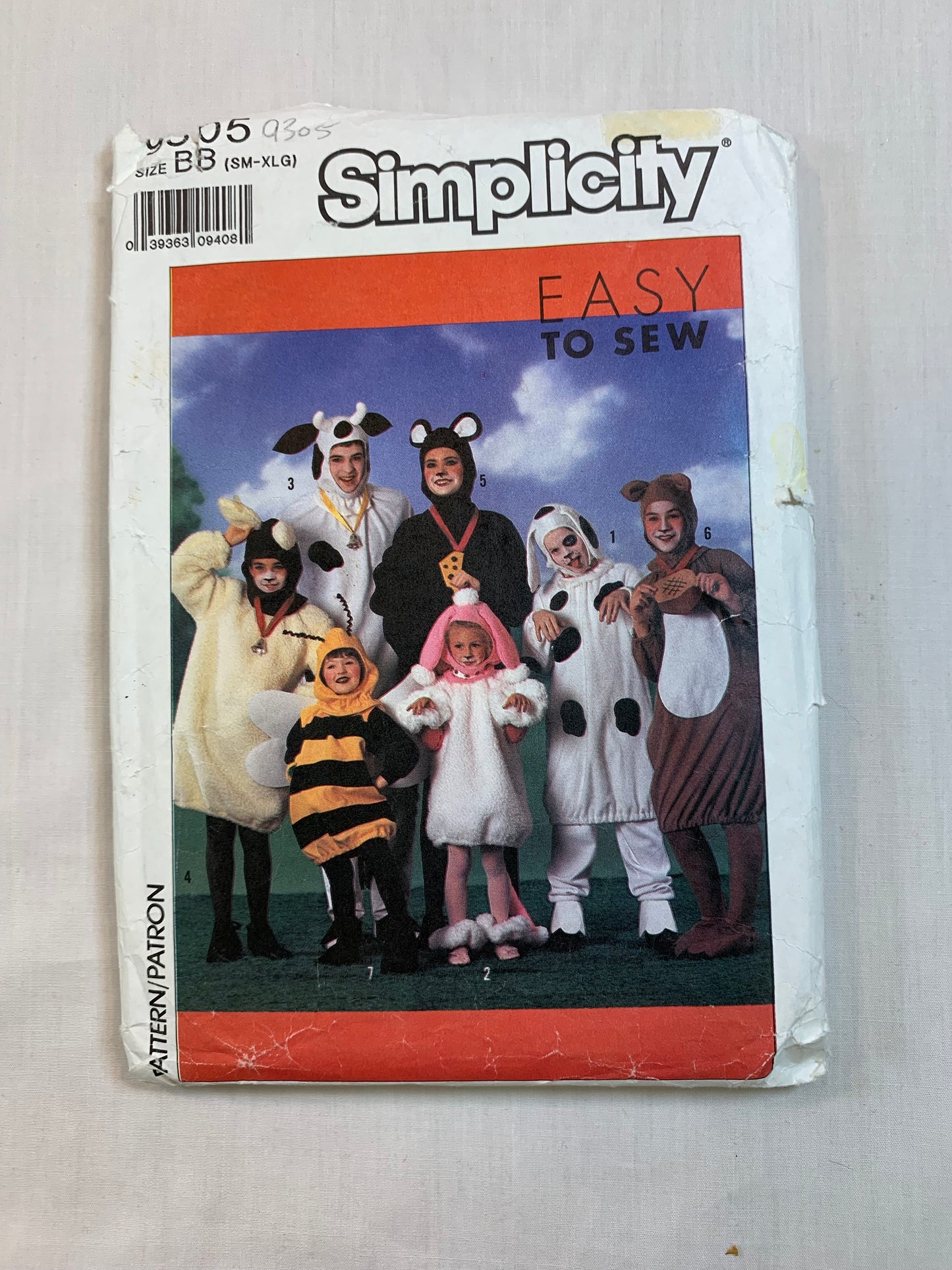 Simplicity 9305 Boys' Girls' Costumes, Dalmation, Poodle, Cow, Lamb, Mouse, Squirrel, Bumble Bee, Size 3-4, Cut, Vintage 1989