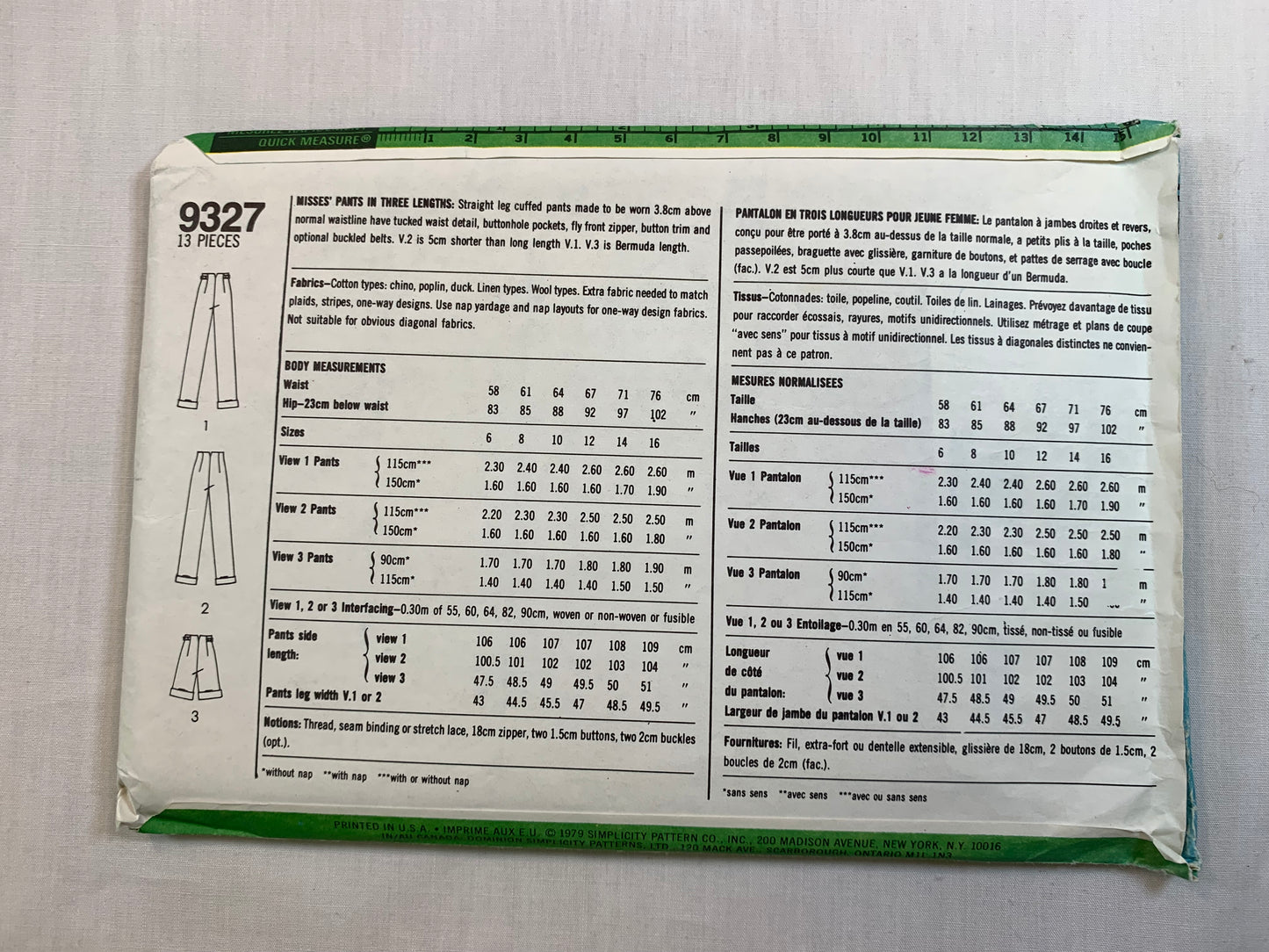 Simplicity 9327 Misses' Shorts, Pants, Size 12, Cut, Vintage 1979