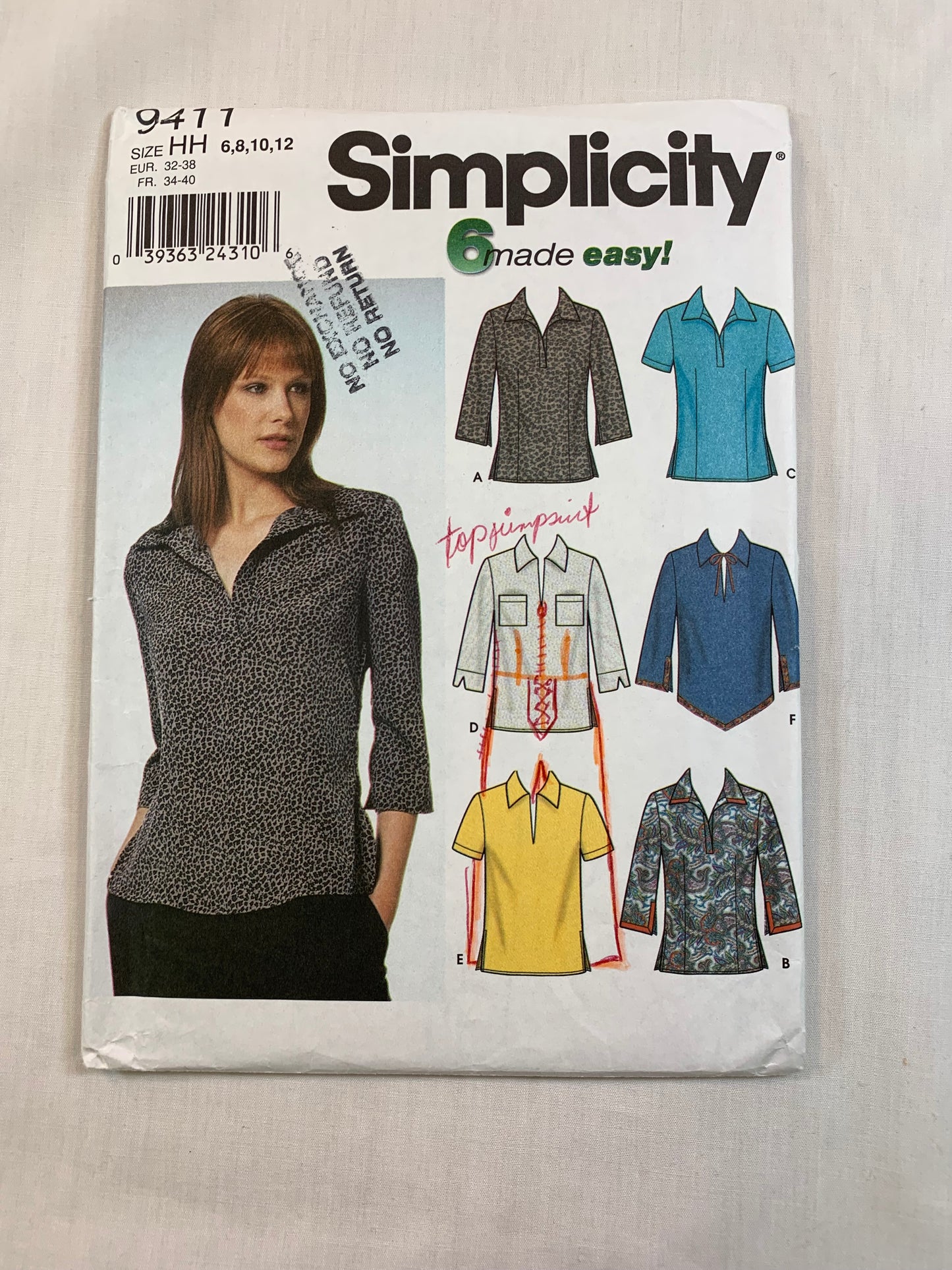 Simplicity 9411 Misses' Top, Shirt, Size 6-12, Cut, 2000
