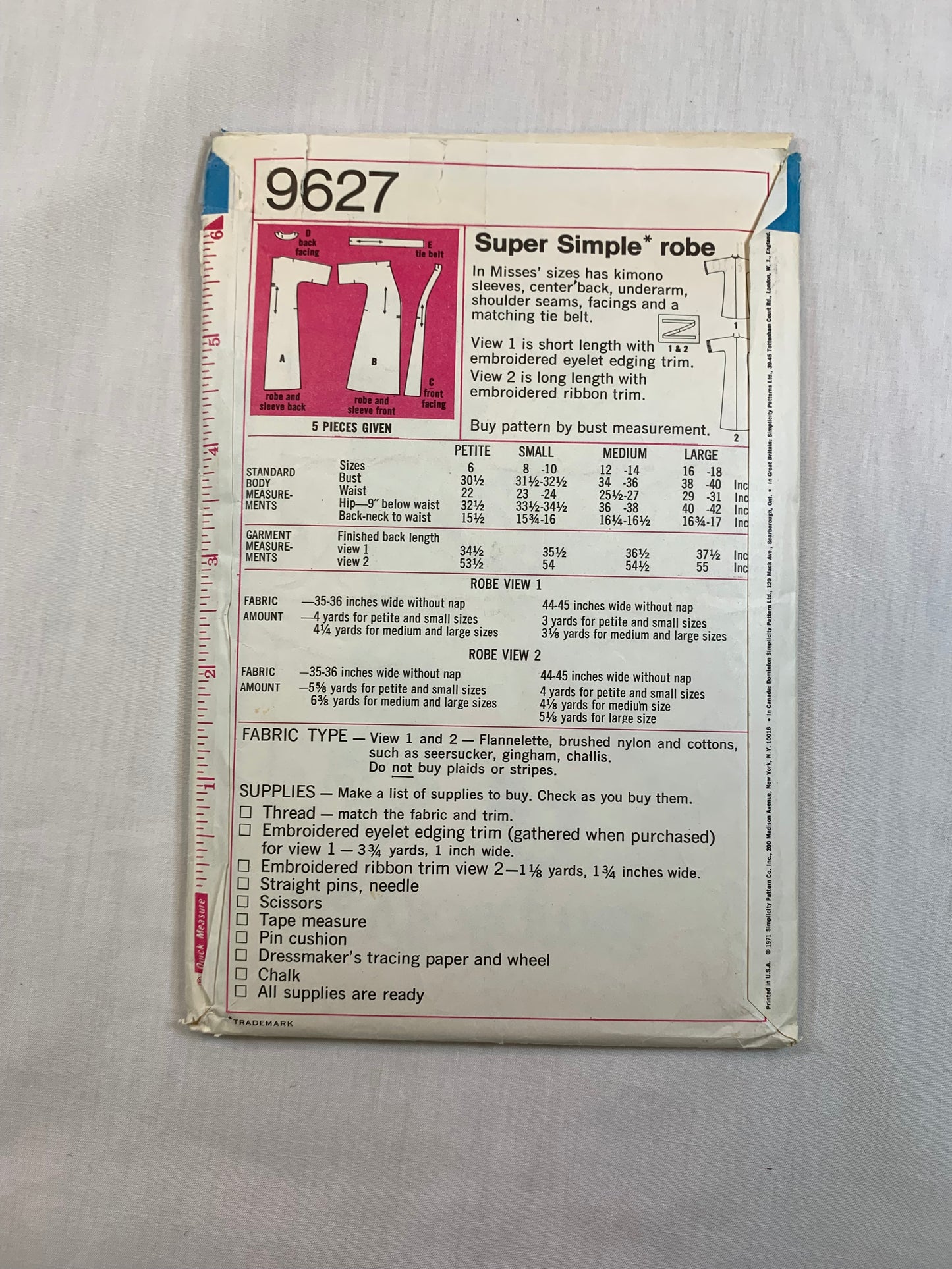 Simplicity 9627 Misses' Robe, Housecoat, Size 8-10 Cut, Vintage 1971