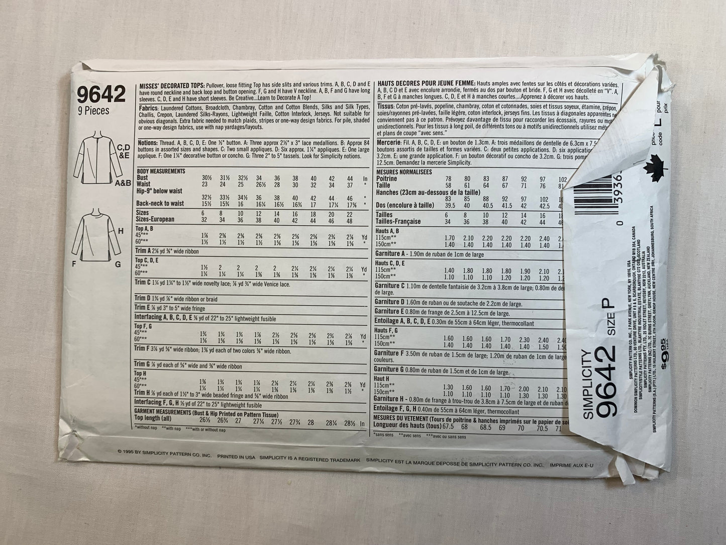 Simplicity 9642 Misses' Top, Shirt, Size 12-16, Cut, Vintage 1995