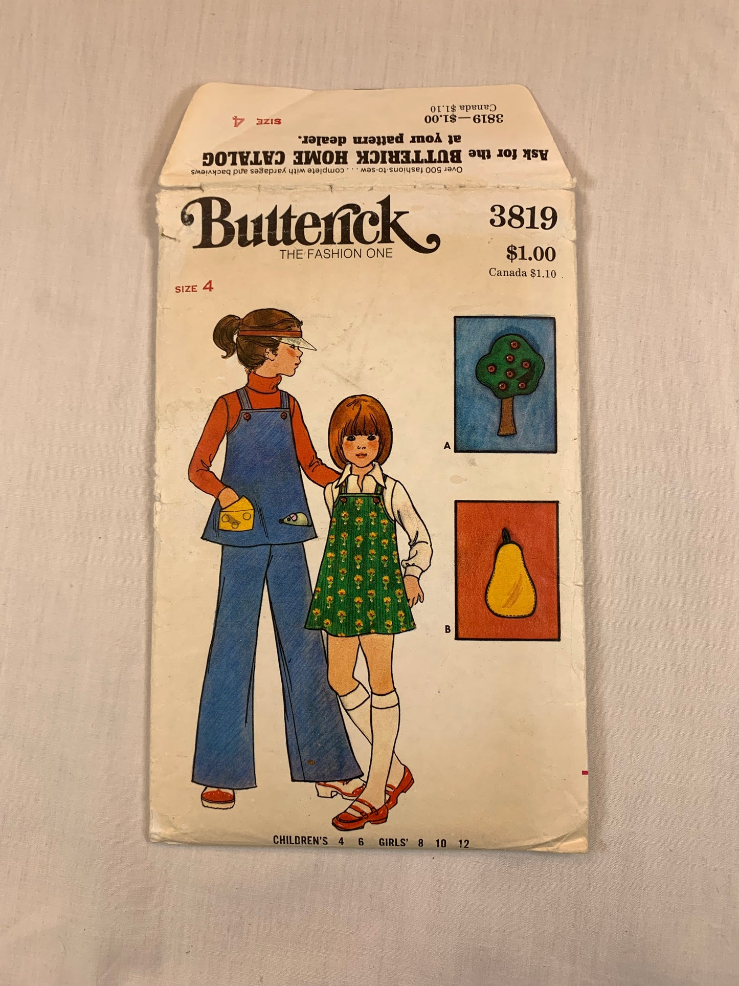 Butterick Sewing Pattrn 3819 Girls' Jumper, Tunic, Pants, Applique Transfers, Pullover, Wide Leg, Pockets, Size 4, Cut, Vintage 1970