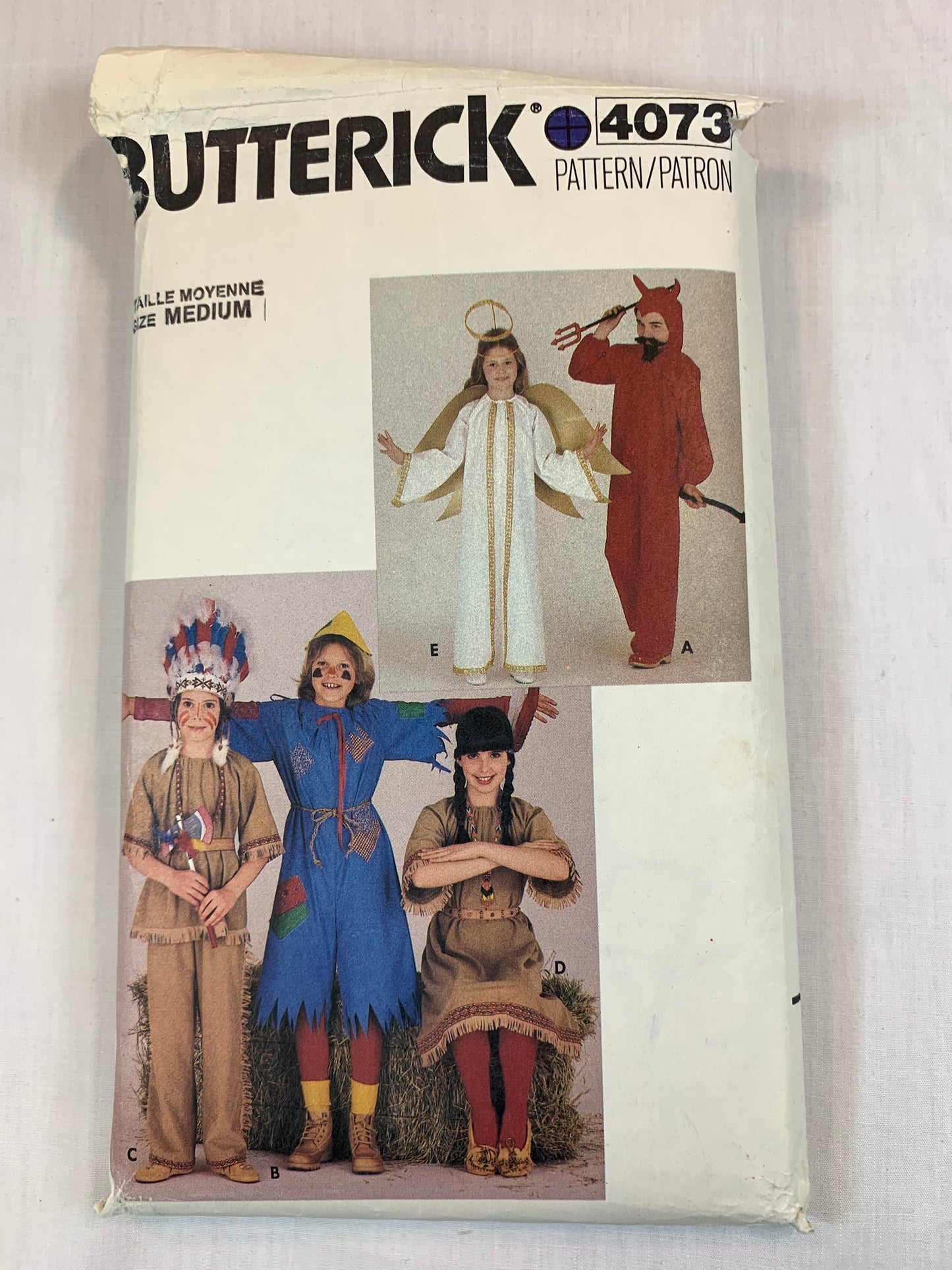 Butterick 4073, Girls' Boys' Costumes, Devil, Scarecrow, Indian, Angel, Size 8-10, Cut, Vintage 1980