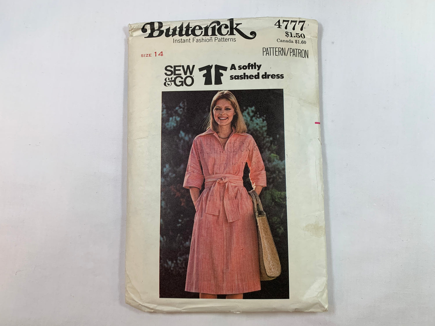 Butterick Sewing Pattern 4777 Misses' Dress, Elbow Kimono Sleeves, Semi-Fitted, Flared, Collar, Pockets, Tie, Size 14, Cut, Vintage 1970