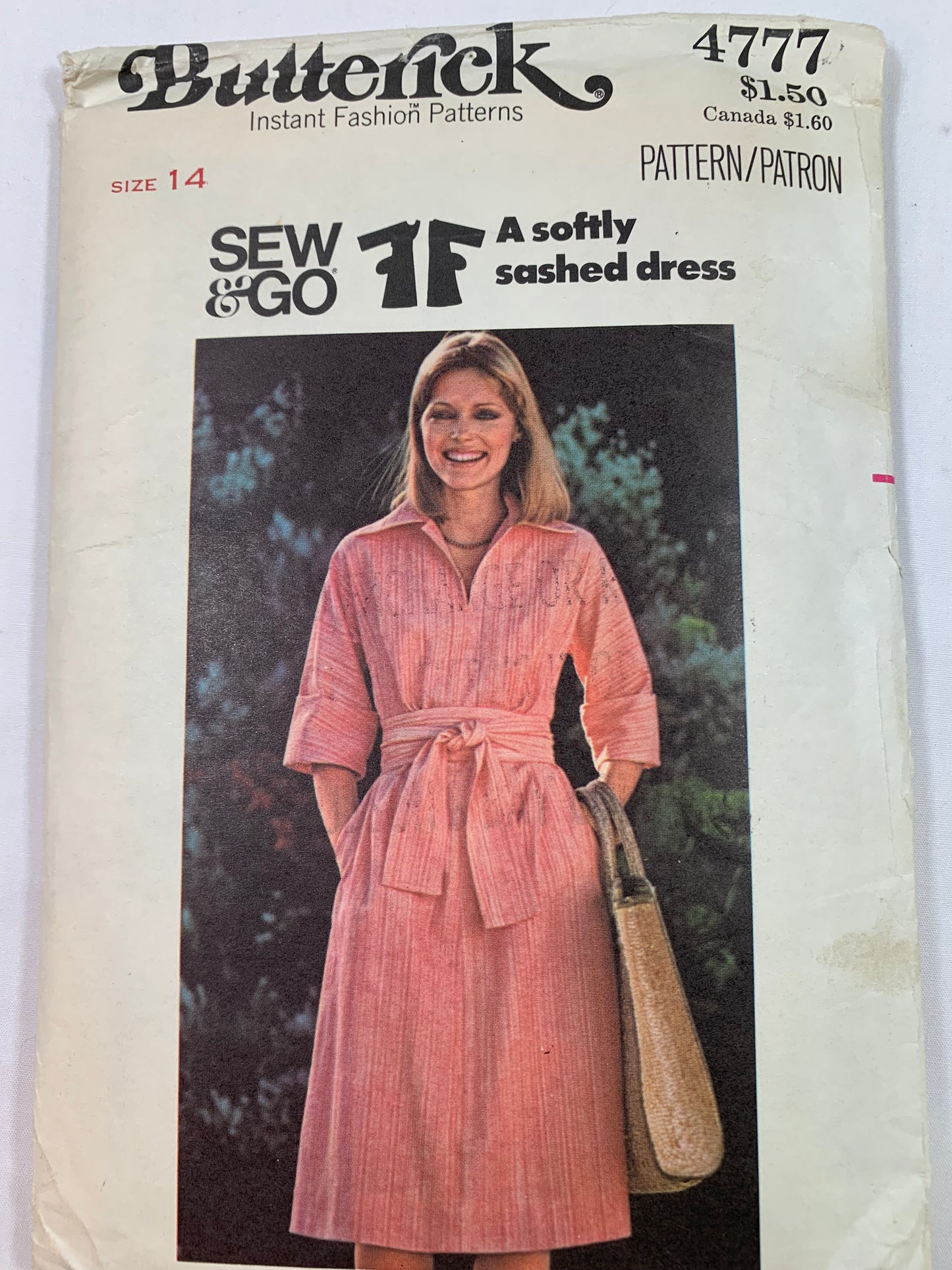 Butterick Sewing Pattern 4777 Misses' Dress, Elbow Kimono Sleeves, Semi-Fitted, Flared, Collar, Pockets, Tie, Size 14, Cut, Vintage 1970