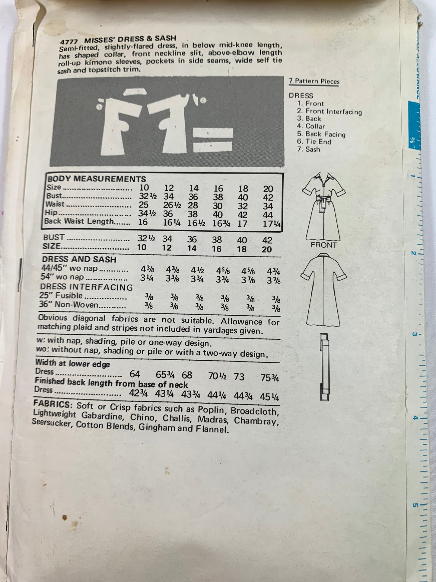 Butterick Sewing Pattern 4777 Misses' Dress, Elbow Kimono Sleeves, Semi-Fitted, Flared, Collar, Pockets, Tie, Size 14, Cut, Vintage 1970