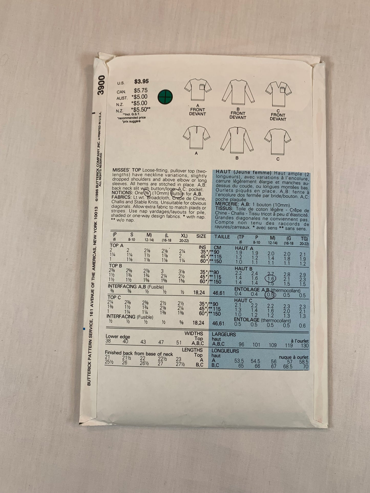 Butterick Sewing Pattern 3900 Misses' Tops, Loose-Fitting, Long/Short Sleeves, 3 Variations, PocketsSize 12-14, Cut, Vintage 1986