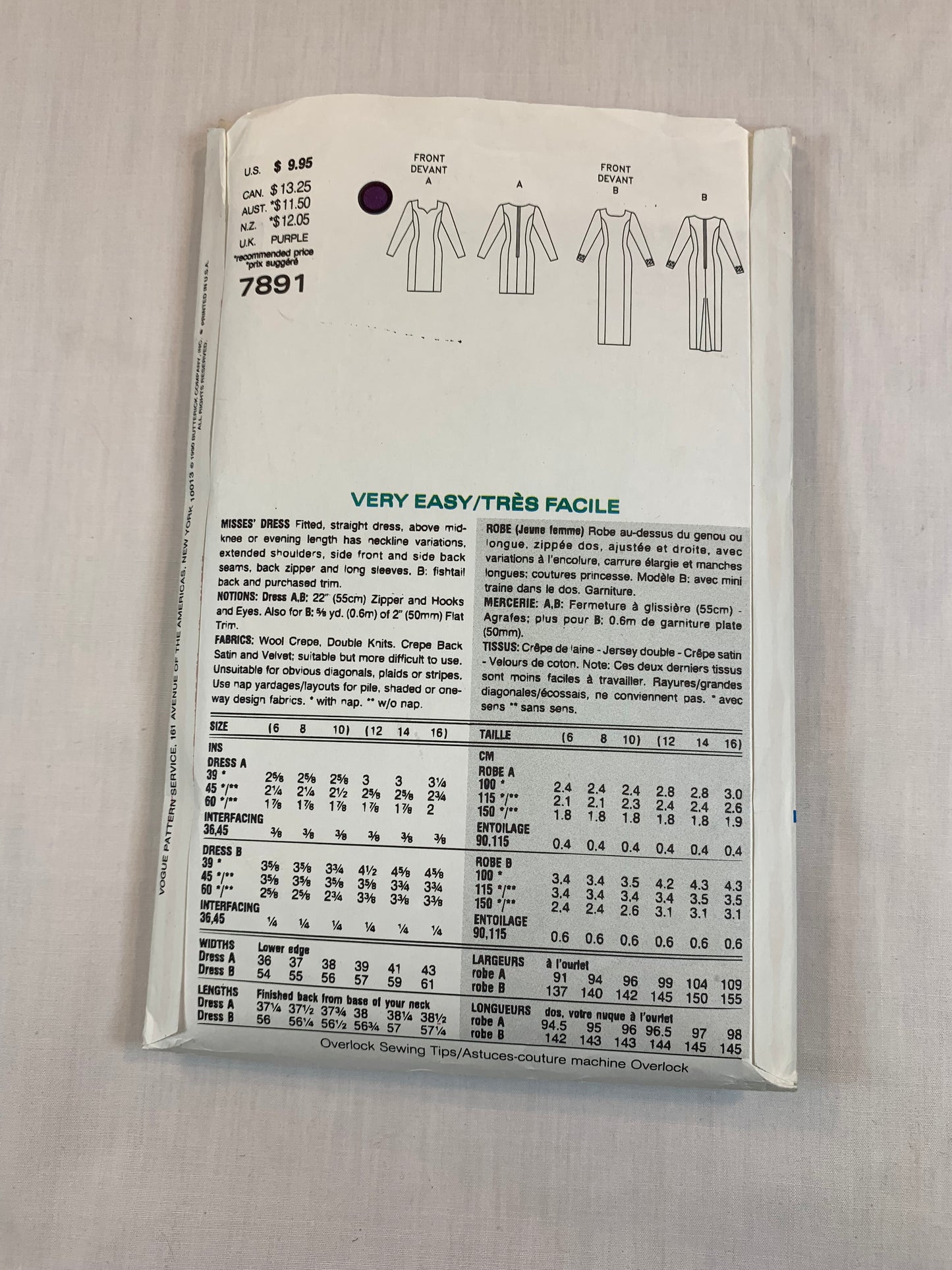 Vogue 7891, Misses' Dress, Size 12-14, Cut, Vintage 1990